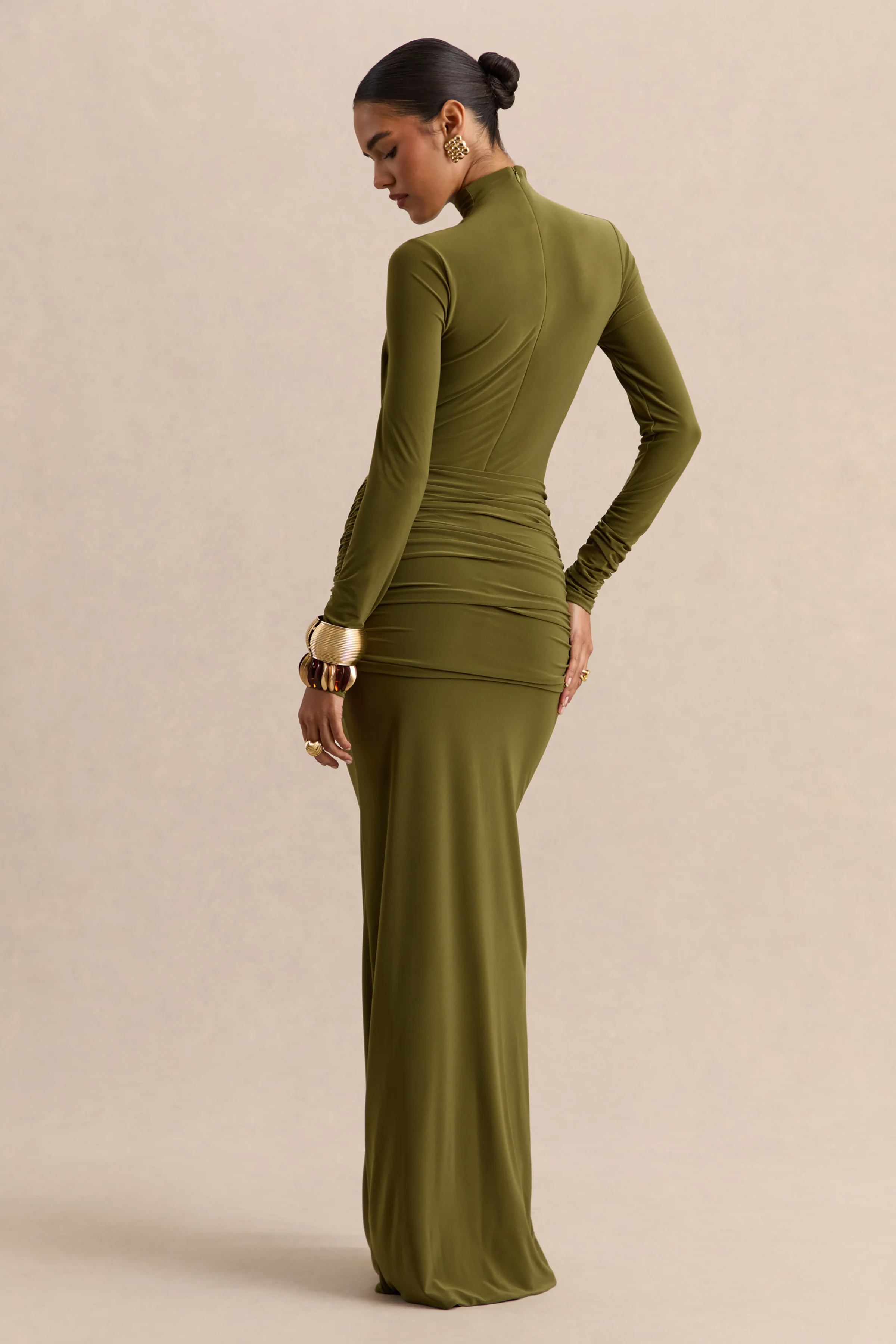 Ambrette | Olive High-Neck Maxi Dress With Gathered-Detailing