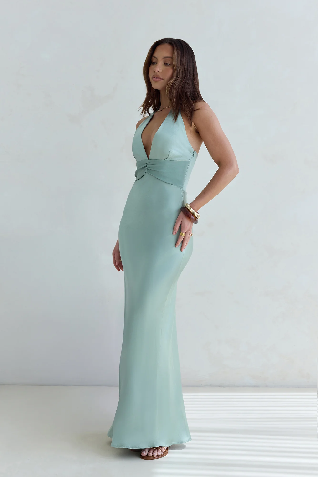 Destinations Halter Satin Maxi Dress Sage