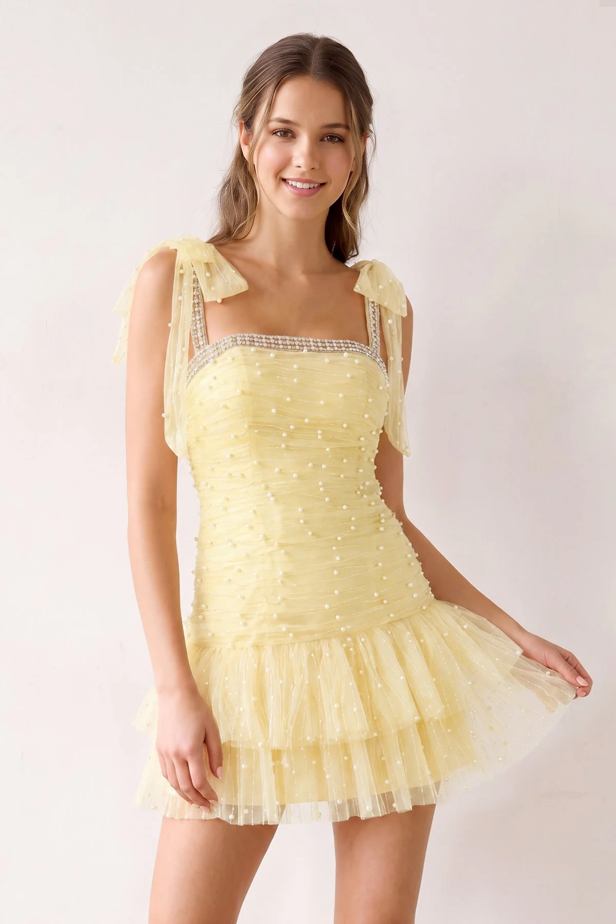 Pink Square Neck A-Line Ruffled Tulle Homecoming Dress with Pearl