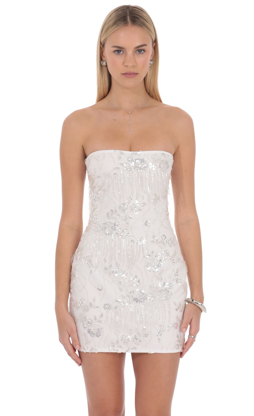 Sequin Strapless Mini Dress in White