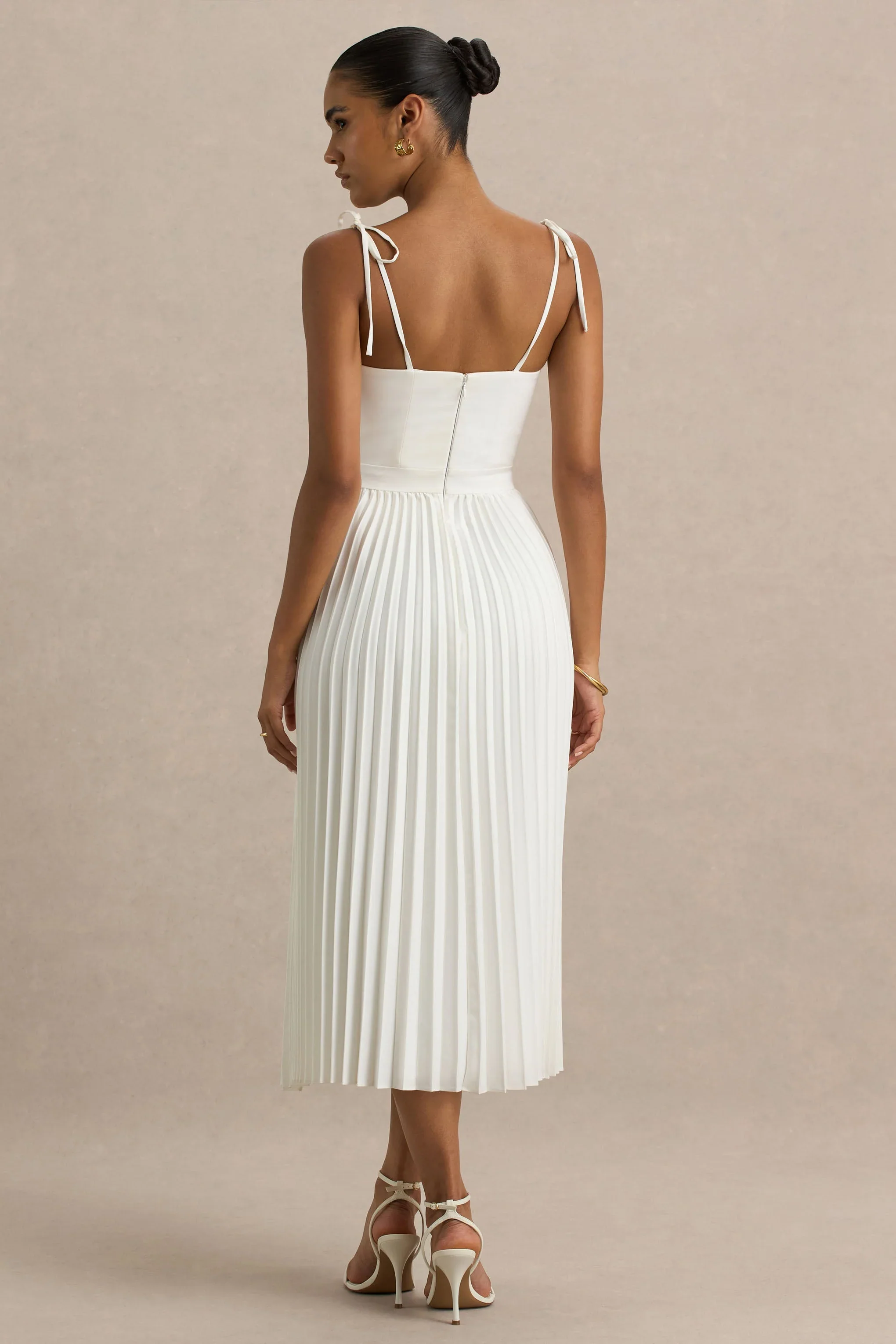 Agua | Cream Satin Sweetheart Midi Dress With Pleated Skirt