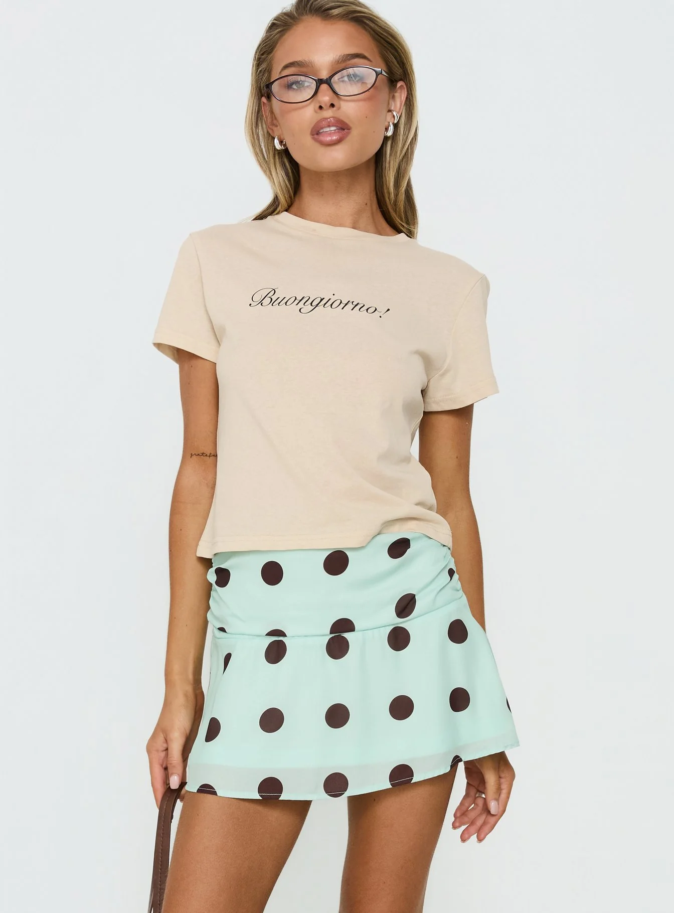 Elicia Ruched Mini Skirt Mint / Chocolate Polka Dot