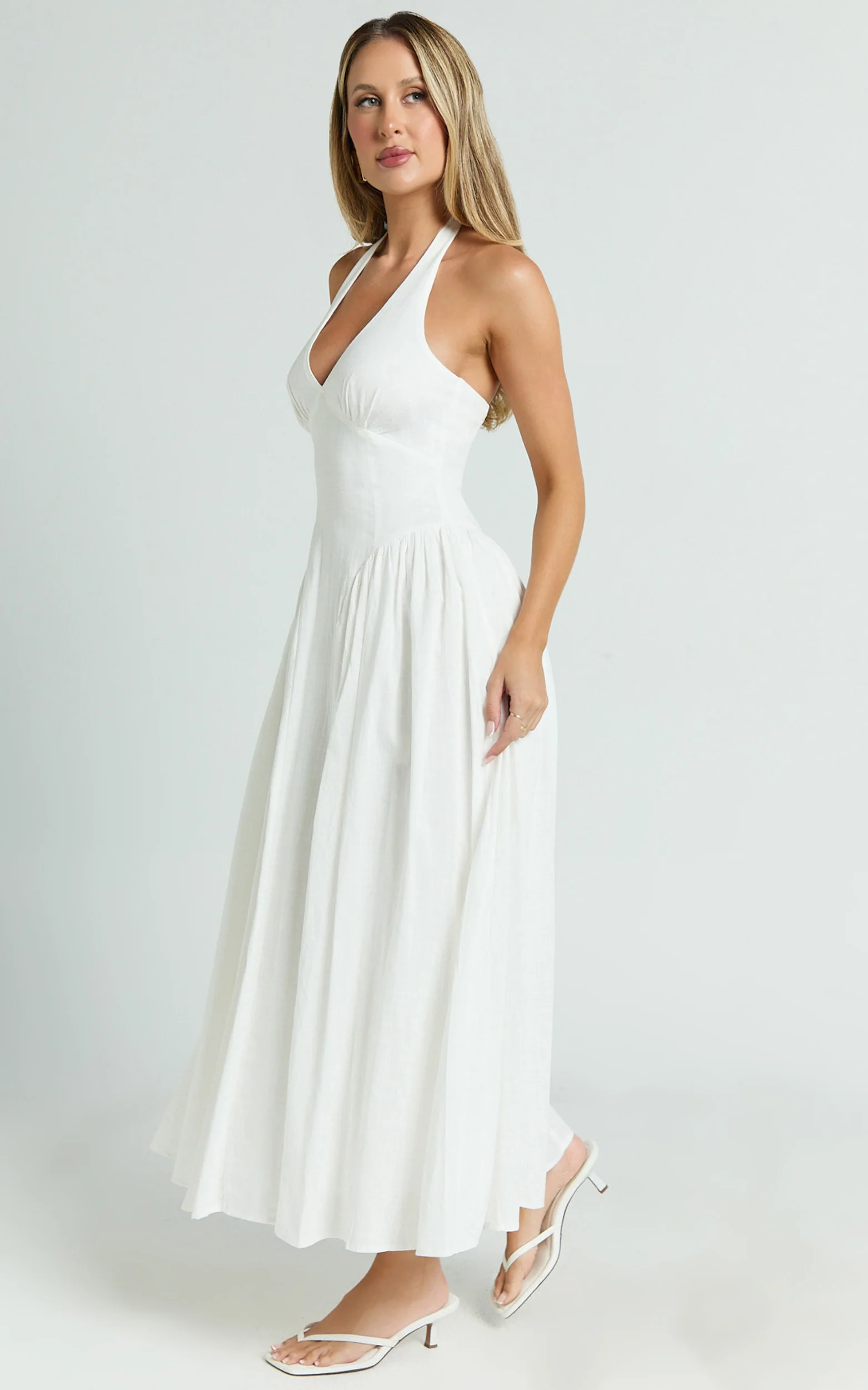 Athena Midi Dress - Halter Drop Waist Dress in White