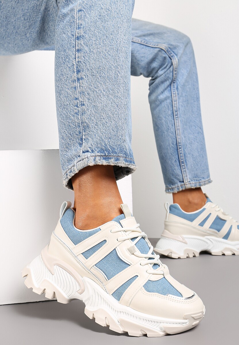 Beżowo-Niebieskie Sznurowane Sneakersy na Grubej Podeszwie ze Wstawkami i Brokatem Widgeta