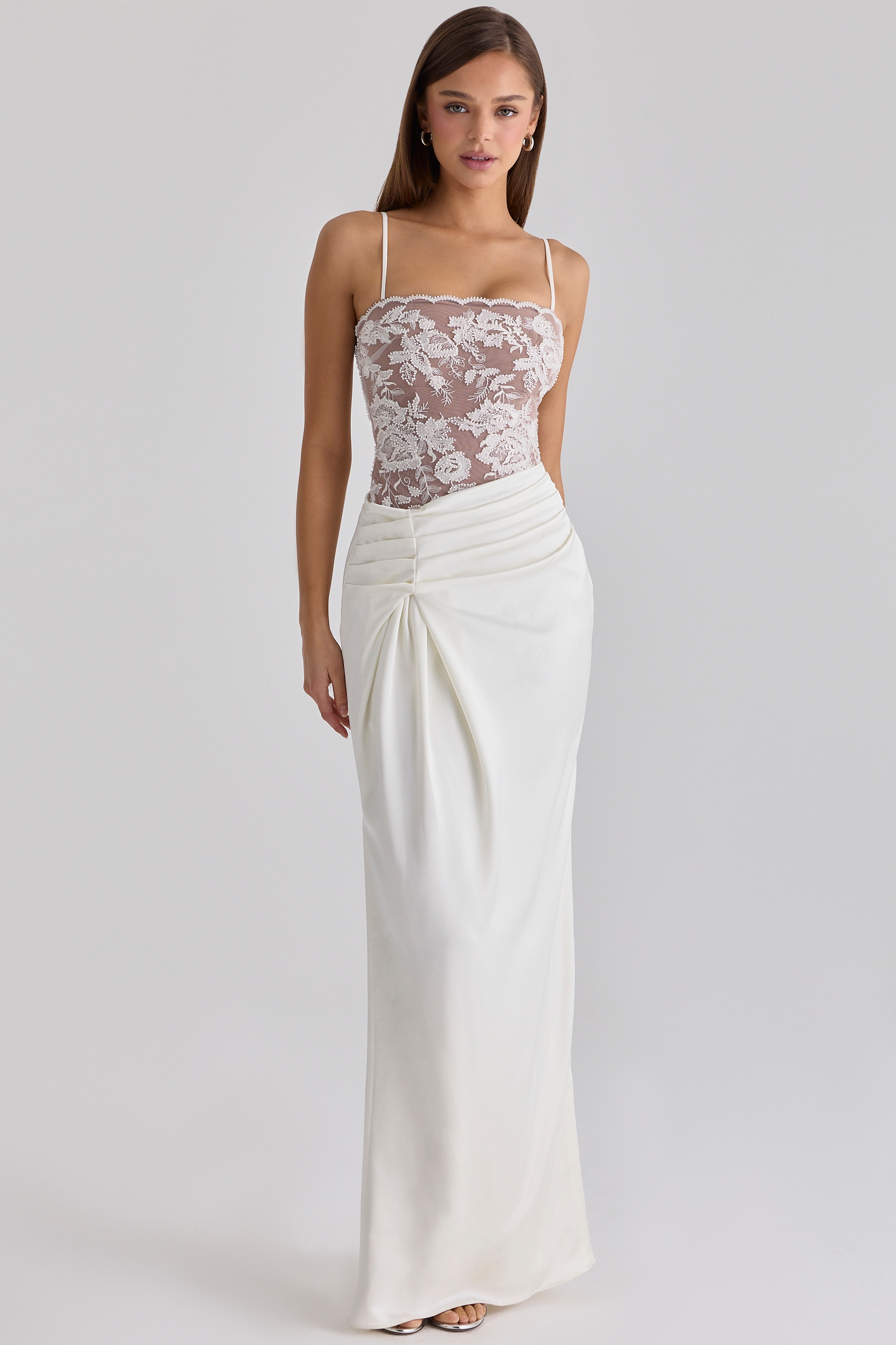 white embellished lace and satin maxi dress