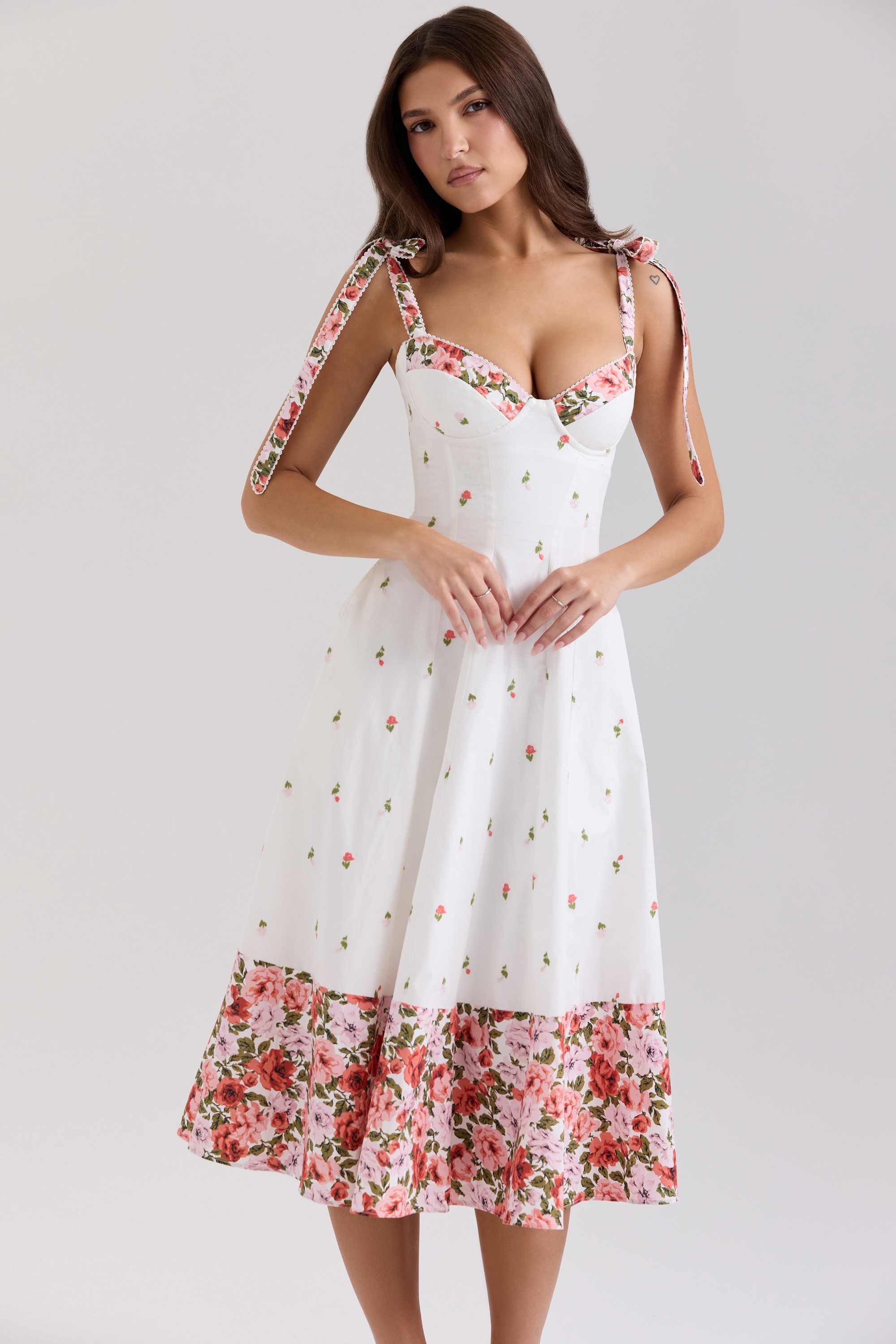 white floral print stretch cotton midi sundress