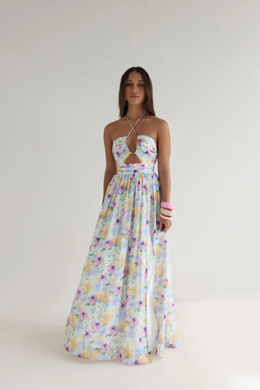 Hibiscus Hues Halter Maxi Dress Print