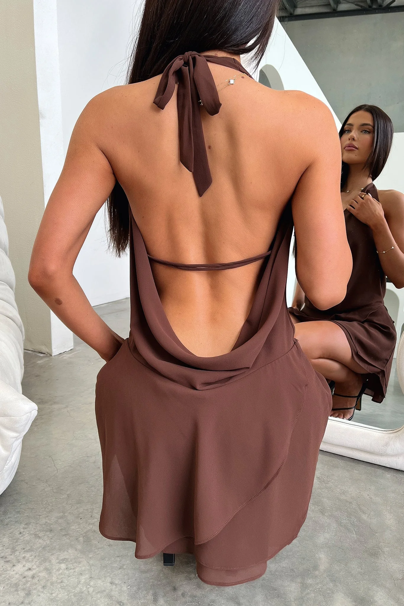 Cleo Plunge Cowl Neck Mini Dress - Brown