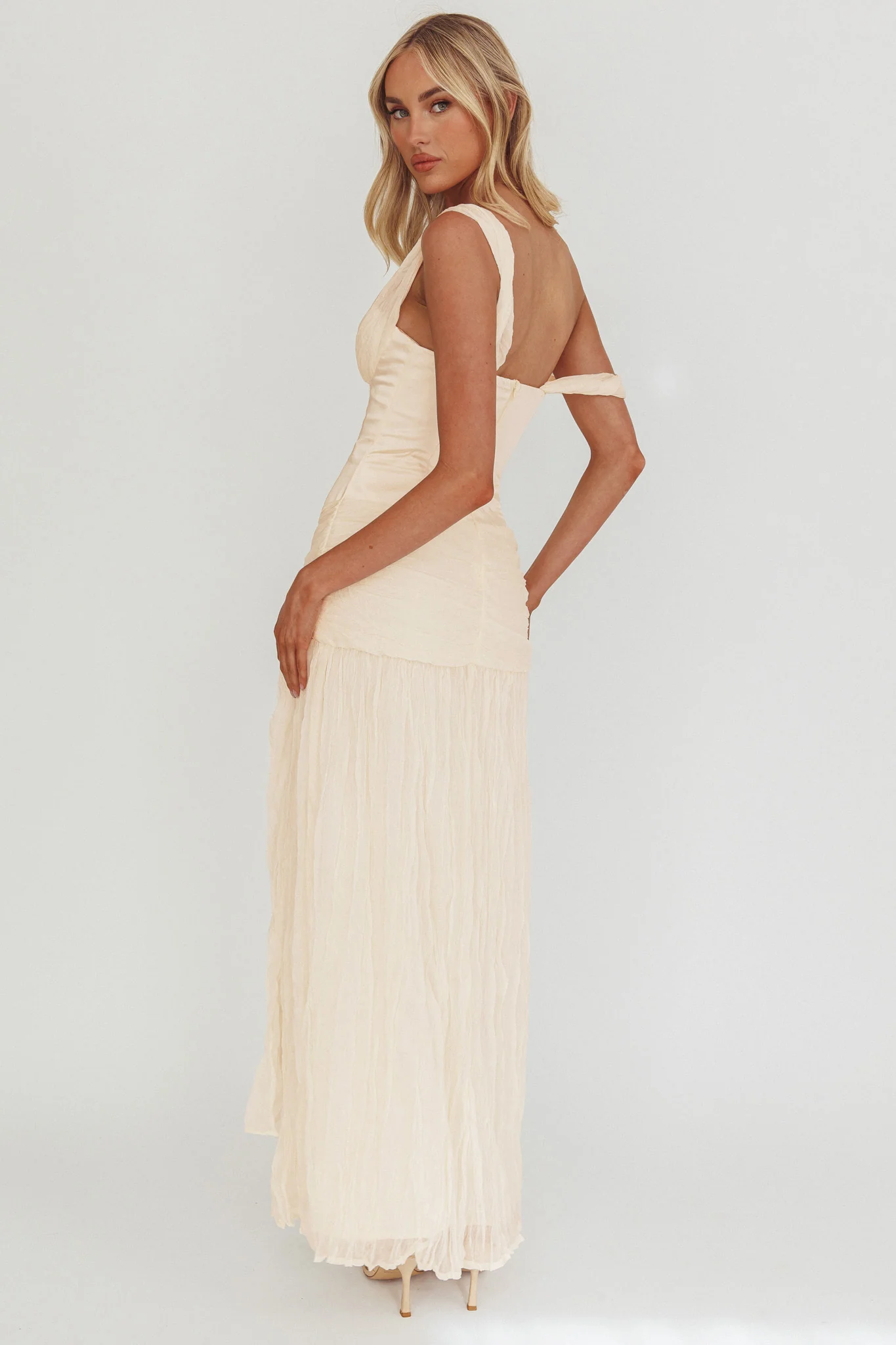 Keia Crepe Chiffon One-Shoulder Maxi Dress Oyster