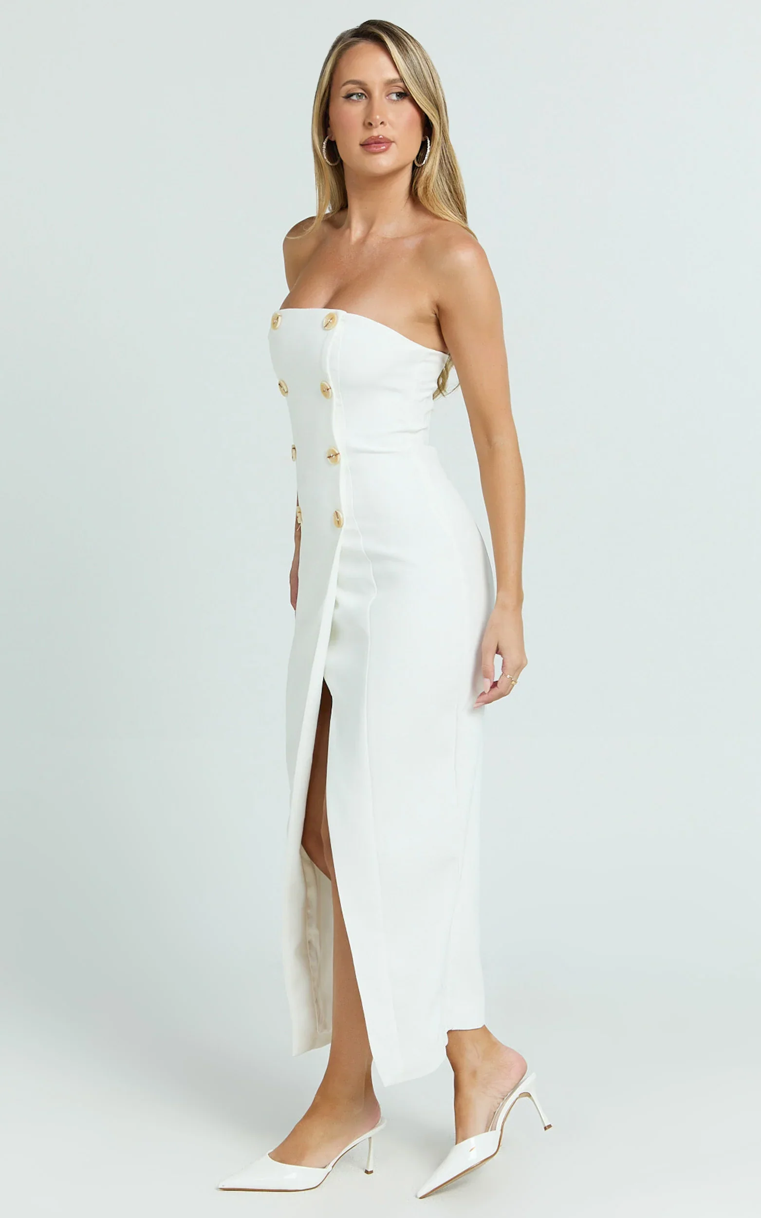 Carson Midi Dress - Strapless Double Breasted Wrap Fitted Dress in Off White