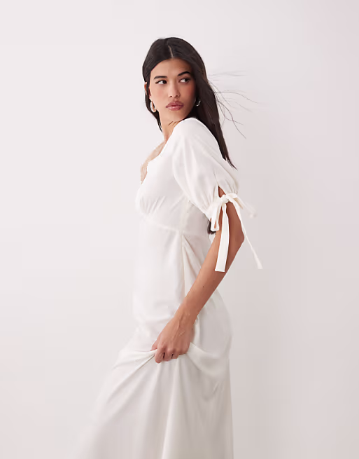 YAS v neck lace trim romantic satin midi dress with tie sleeve details in white
