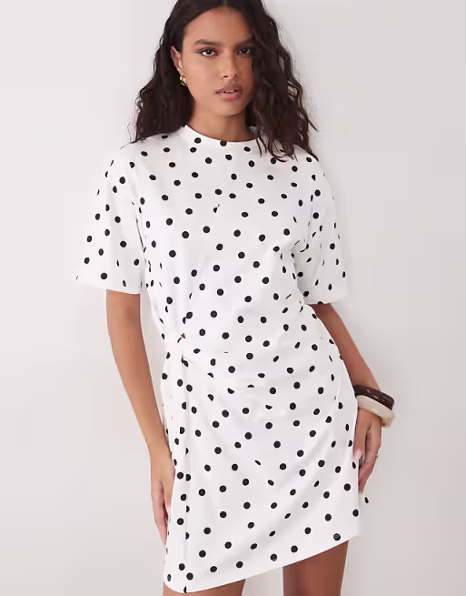 wrapped waist mini dress with lace hem in mono polka dot