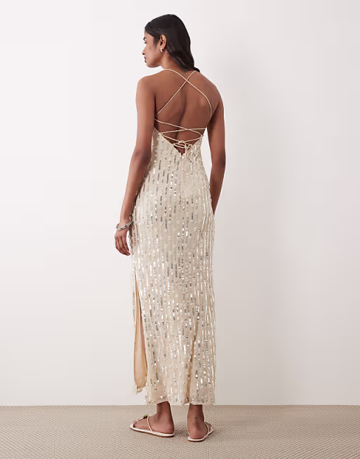 Miss Selfridge pearl and sequin embellished midi dress in ivory