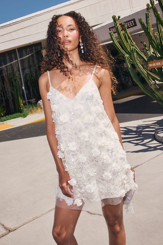 Jonesy Cream 3D Floral Sequin Mini Dress