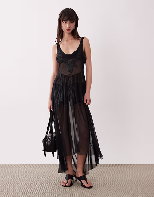 Miss Selfridge appliqué mesh maxi dress in black