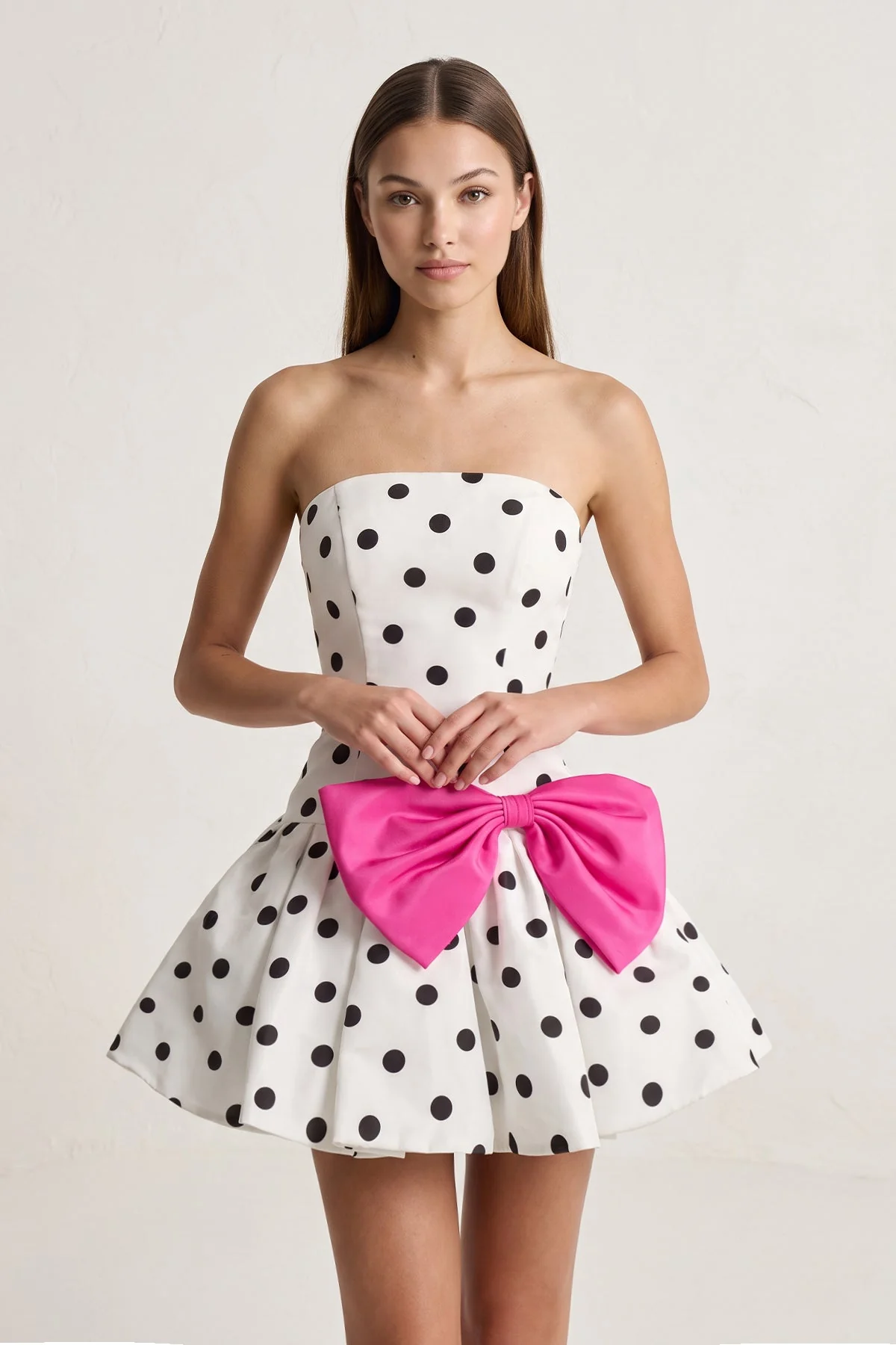 Fuchsia Bowknot A-Line Strapless Polka Dots Satin Homecoming Dress