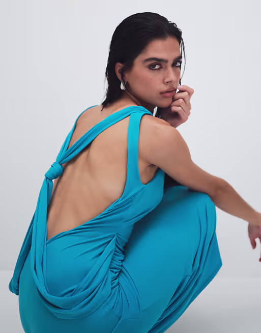 slinky maxi dress with drape knot back detail in turquoise