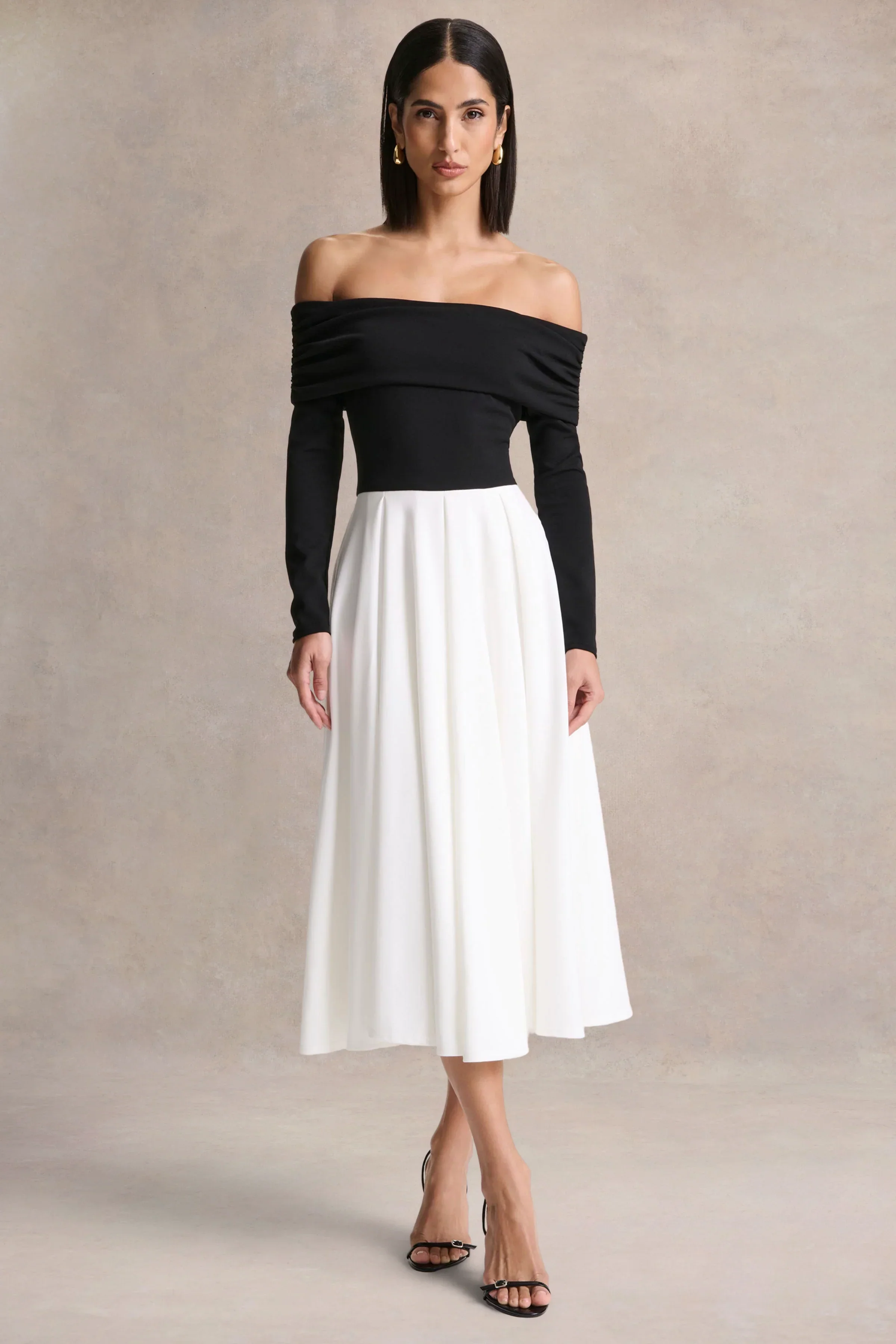 Frederica | Black And White Bardot-Neck Midi Dress
