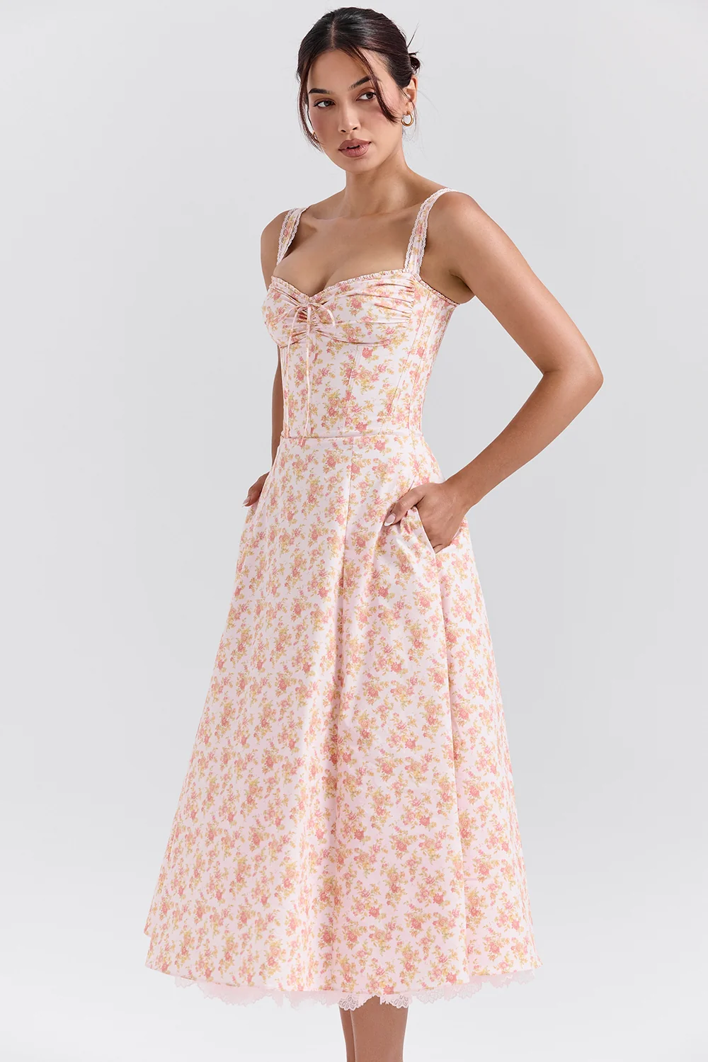Peach Poppy Print Cotton Bustier Sundress