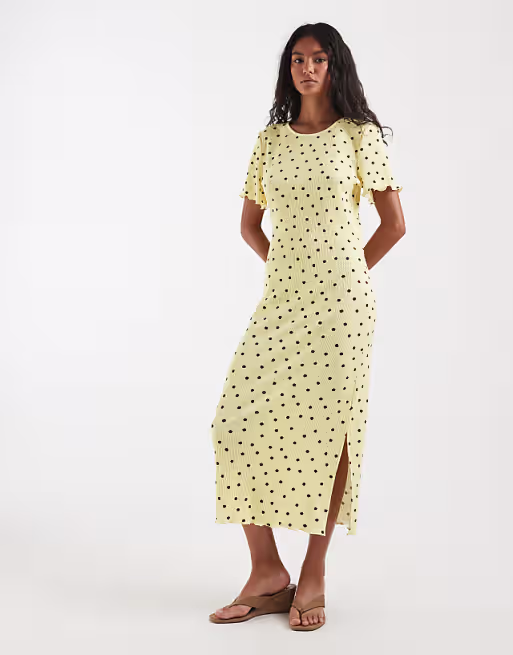 PIECES textured jersey maxi dress in yellow and brown polka dot print