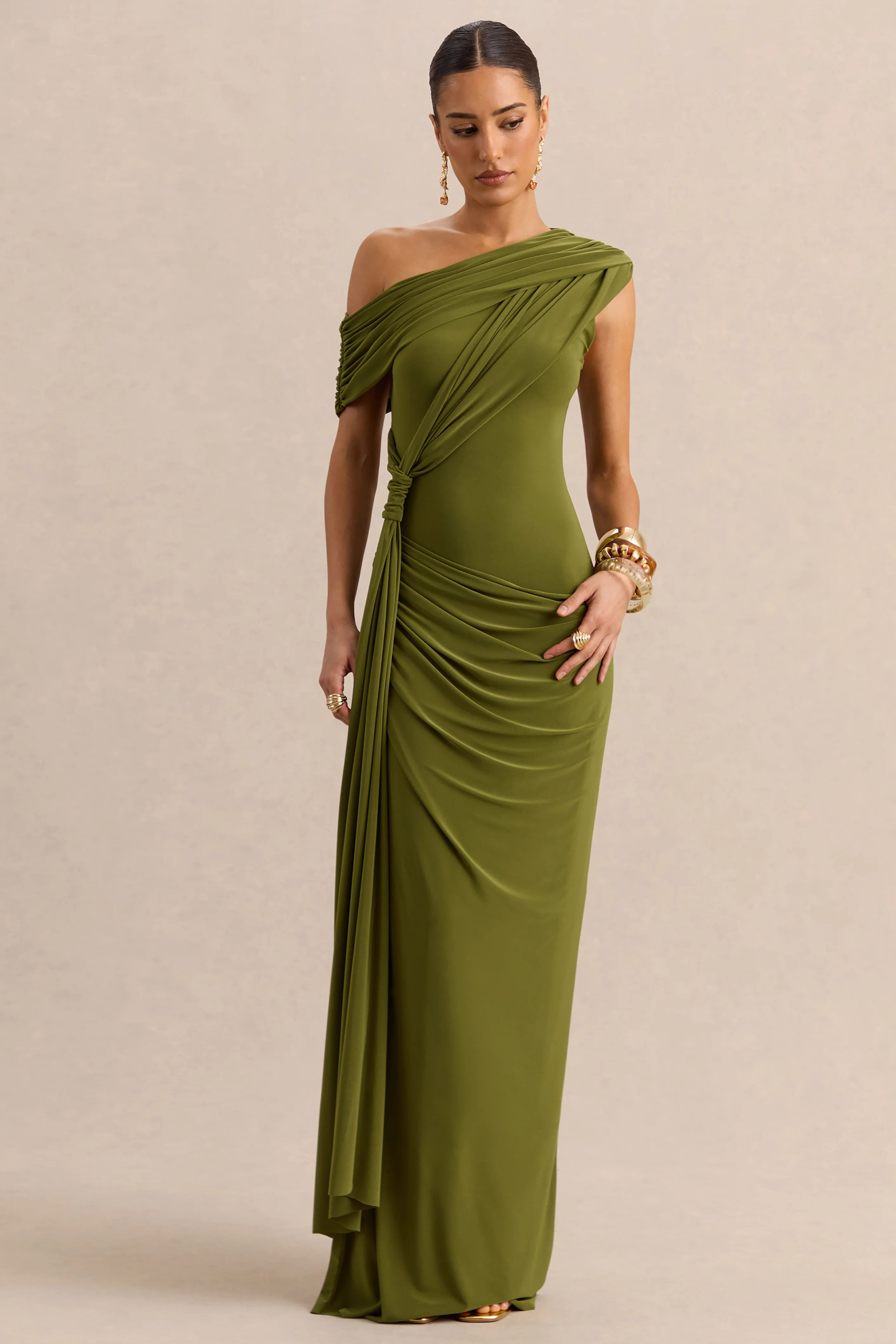 Avialee | Green Asymmetric-Neck Maxi Dress With Gathered-Detailing And Sash