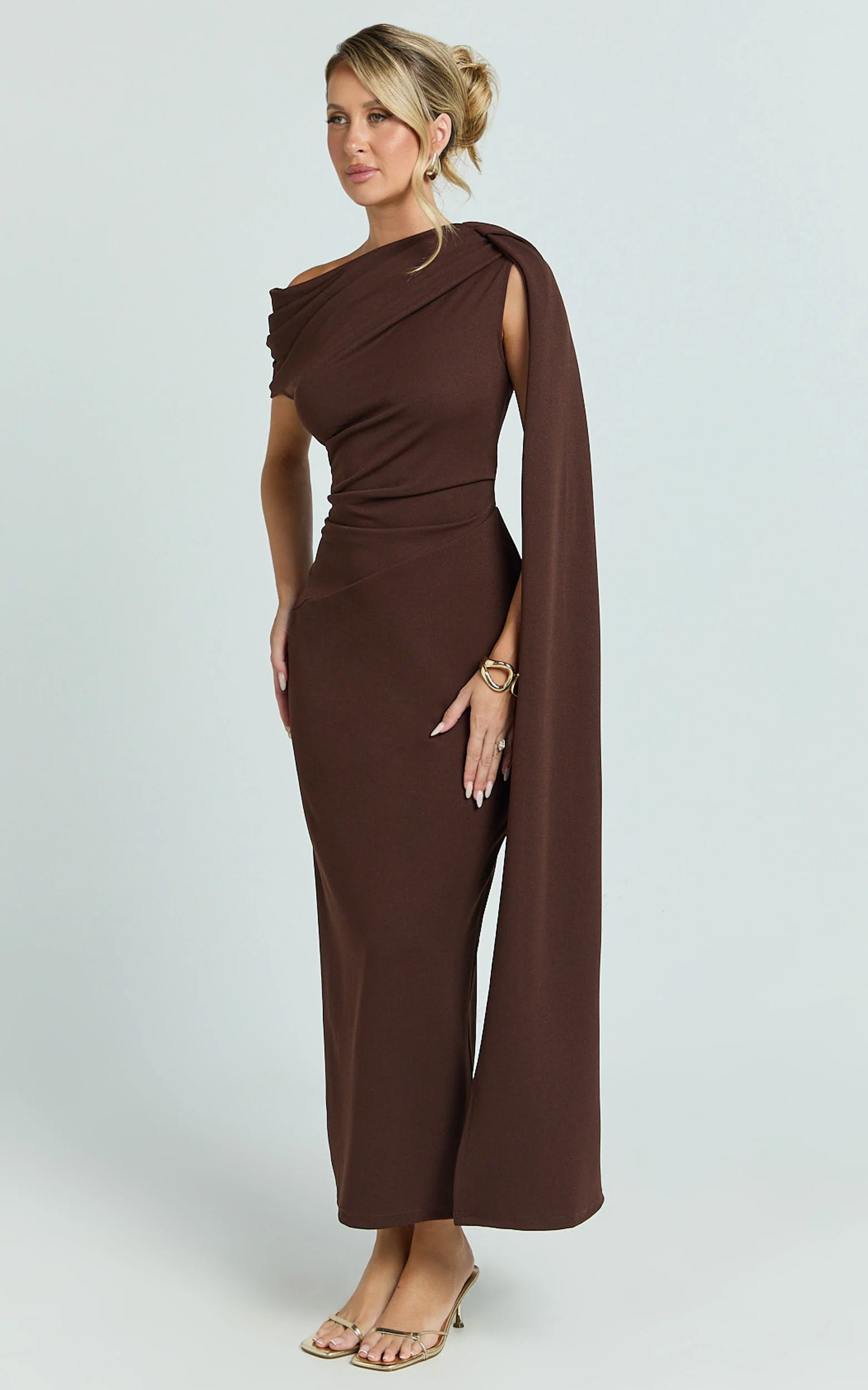 Visenta Midi Dress - Asymmetrical Sleeve Dress in Brown