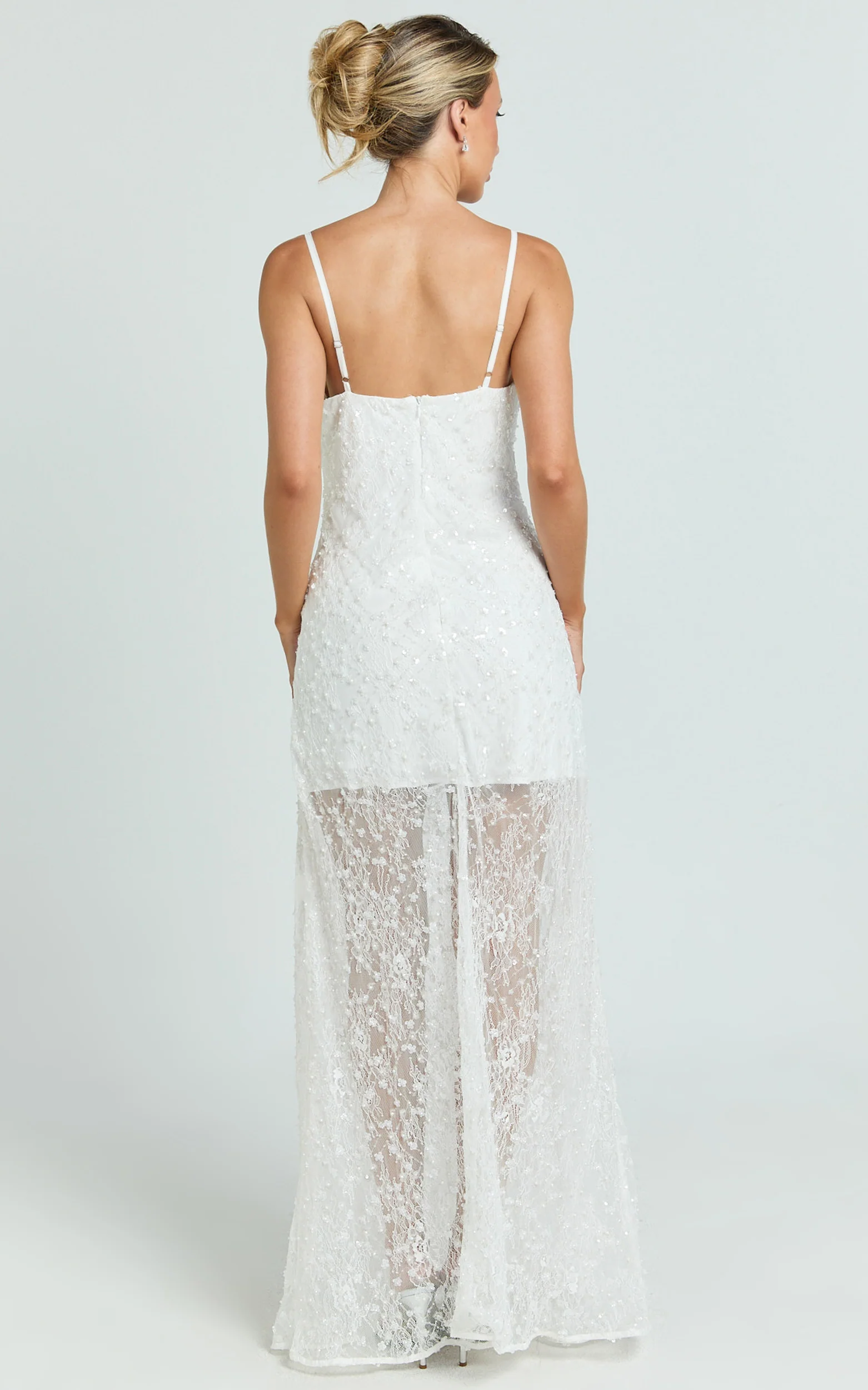 Alana Maxi Dress - Lace Sequin Cowl Neck Dress in White