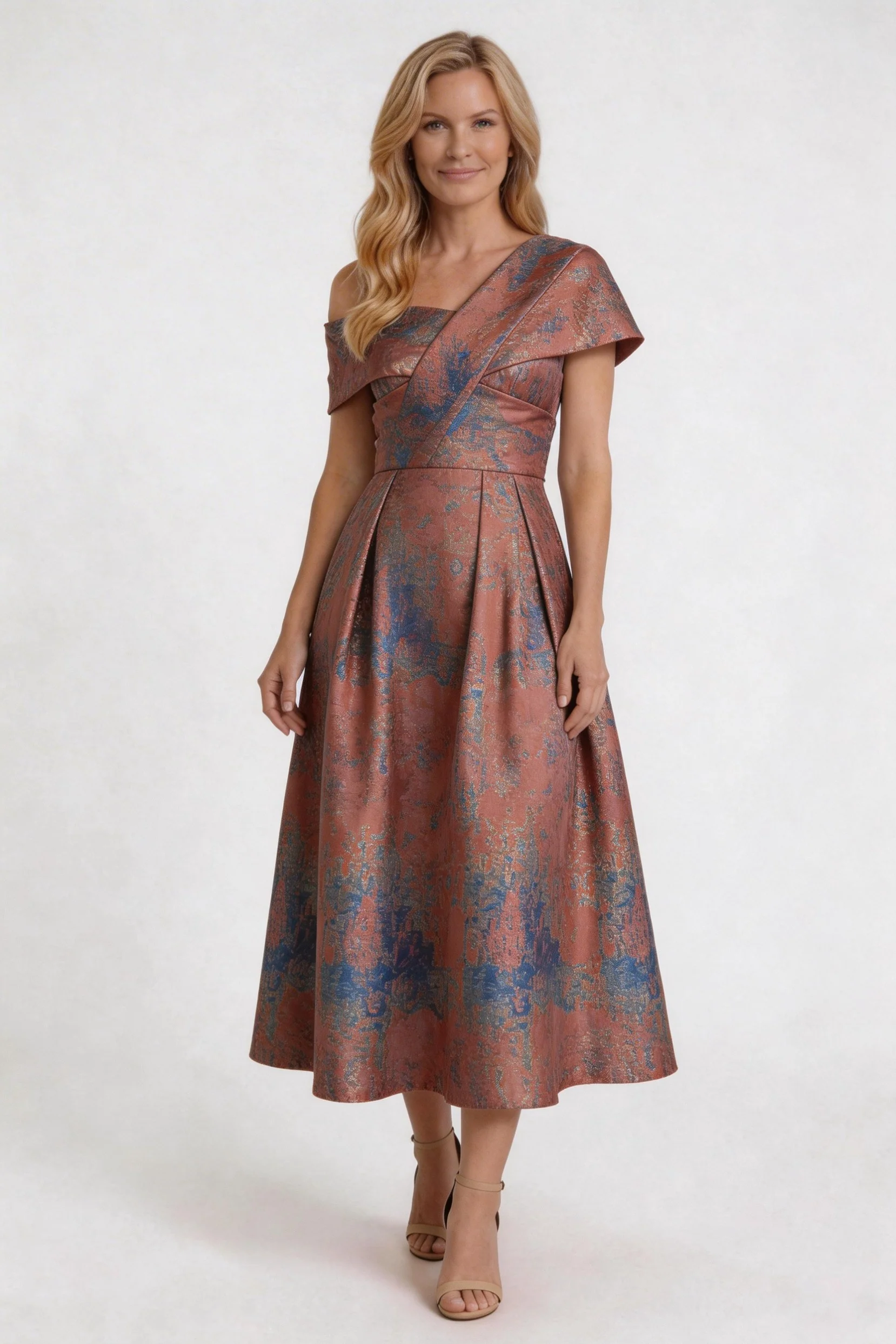 A-Line Tea-Length Jacquard Mother of the Bride Dress CM0421