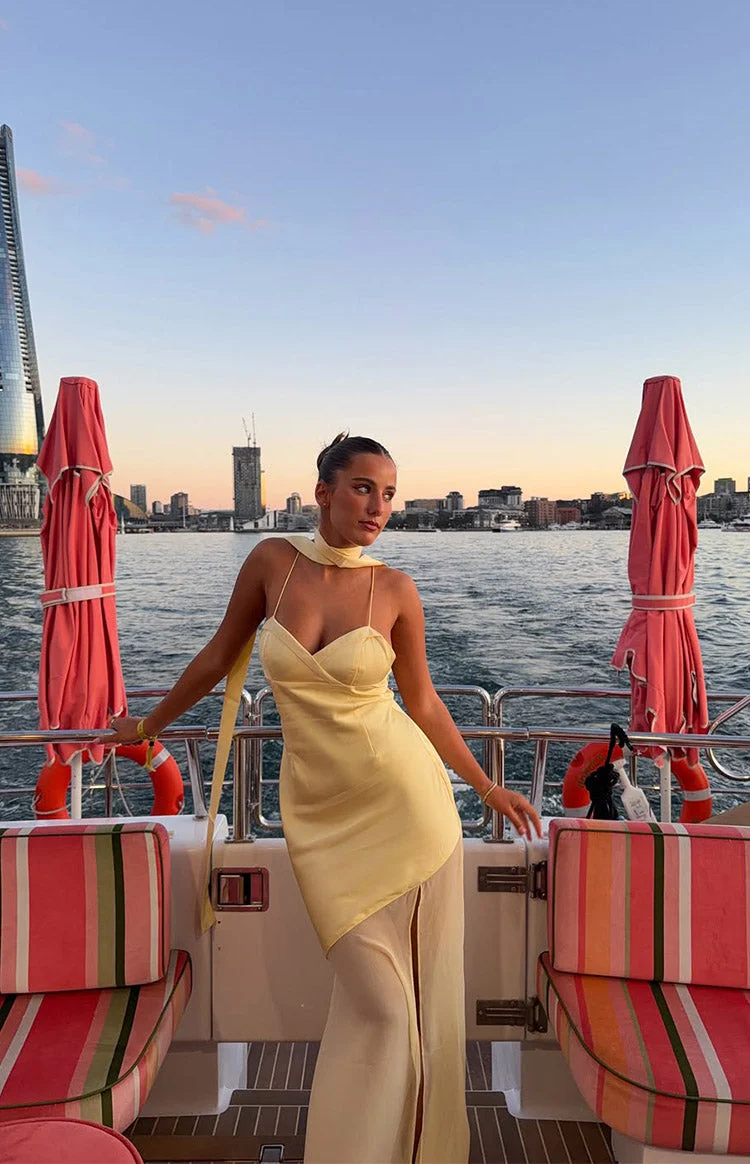 Laila Yellow Satin Scarf Formal Maxi Dress
