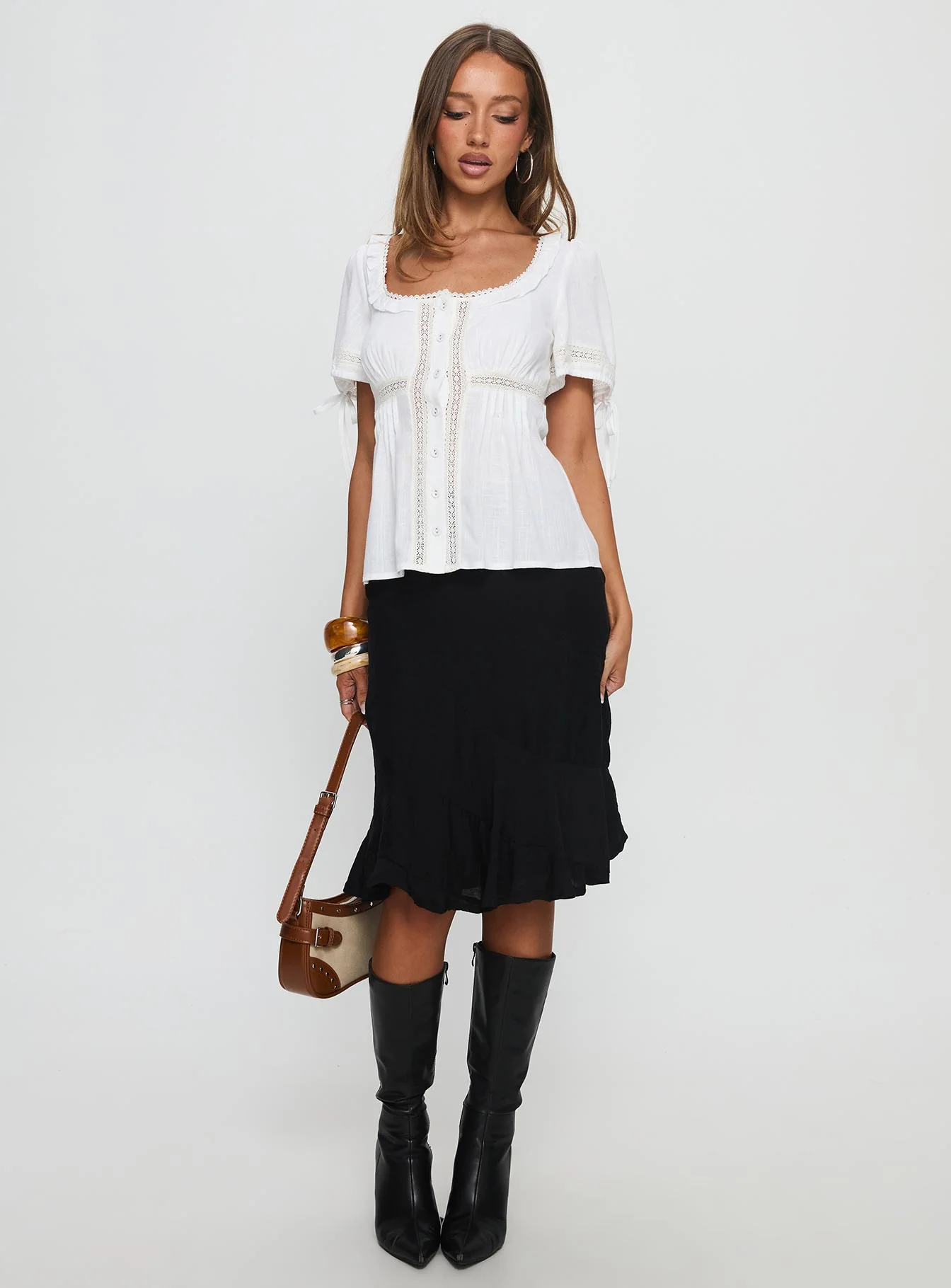 Indianah Pleat Lace Panel Blouse Top White