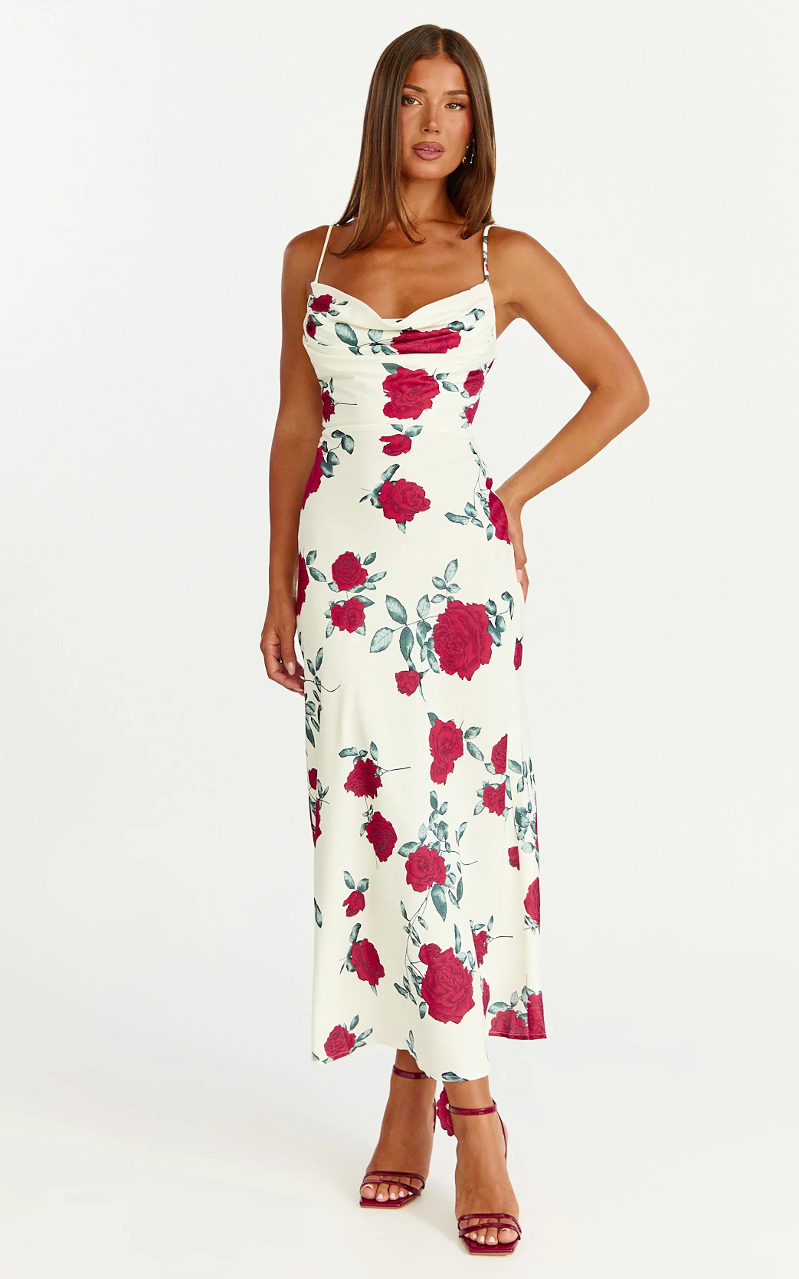 Dahlia Midi Dress - Cowl Neck A Line Dress in Scarlet Rose Print