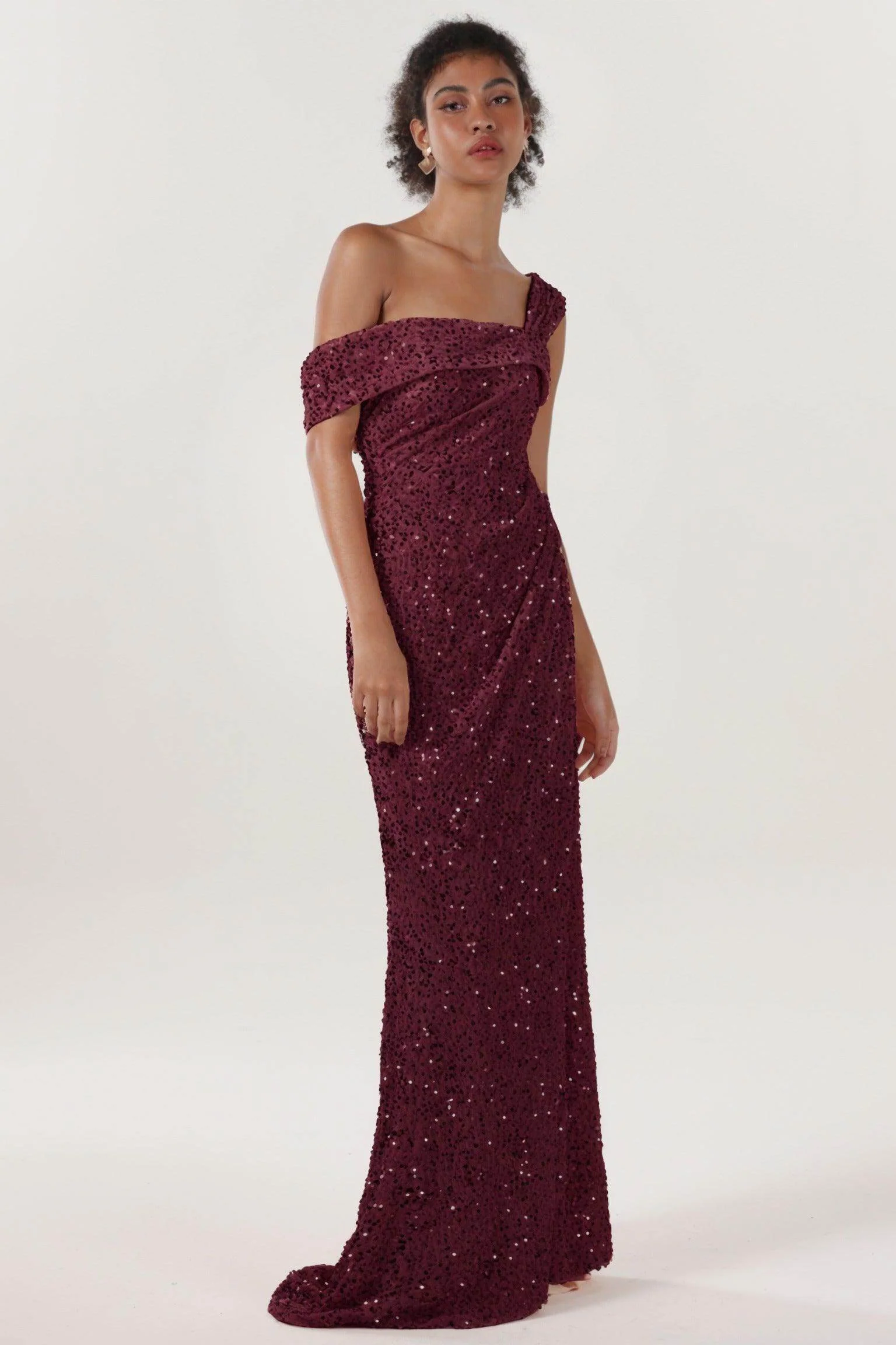 Sheath-Column Sweep-Brush Train Velvet Sequin Bridesmaid Dress CS0635BM