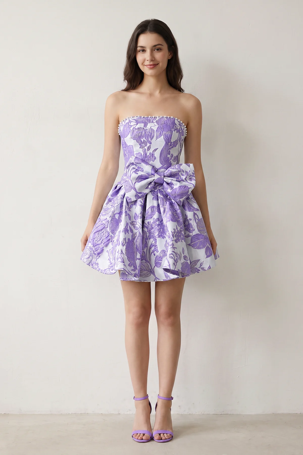 Blue Flower Jacquard Strapless A-Line Bowknot Homecoming Dress With Pearl