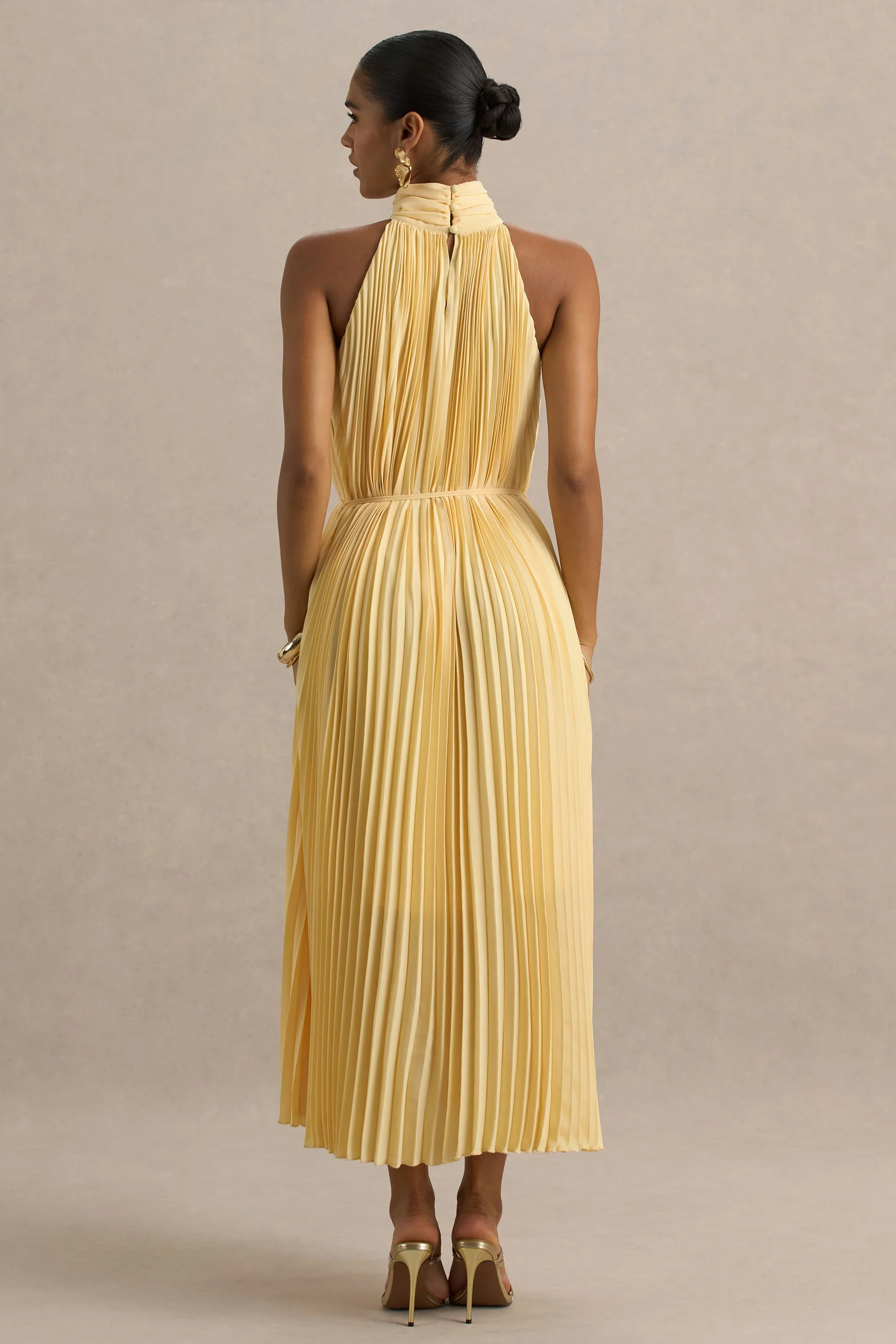 Tulip | Lemon Pleated High-Neck Midi Dress