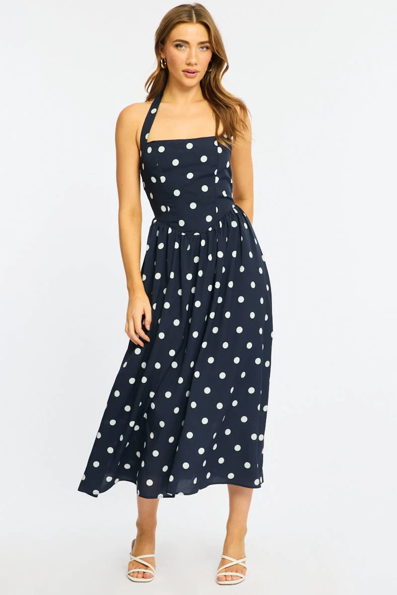 Blue Polka Dot Maxi Dress Halter Neck