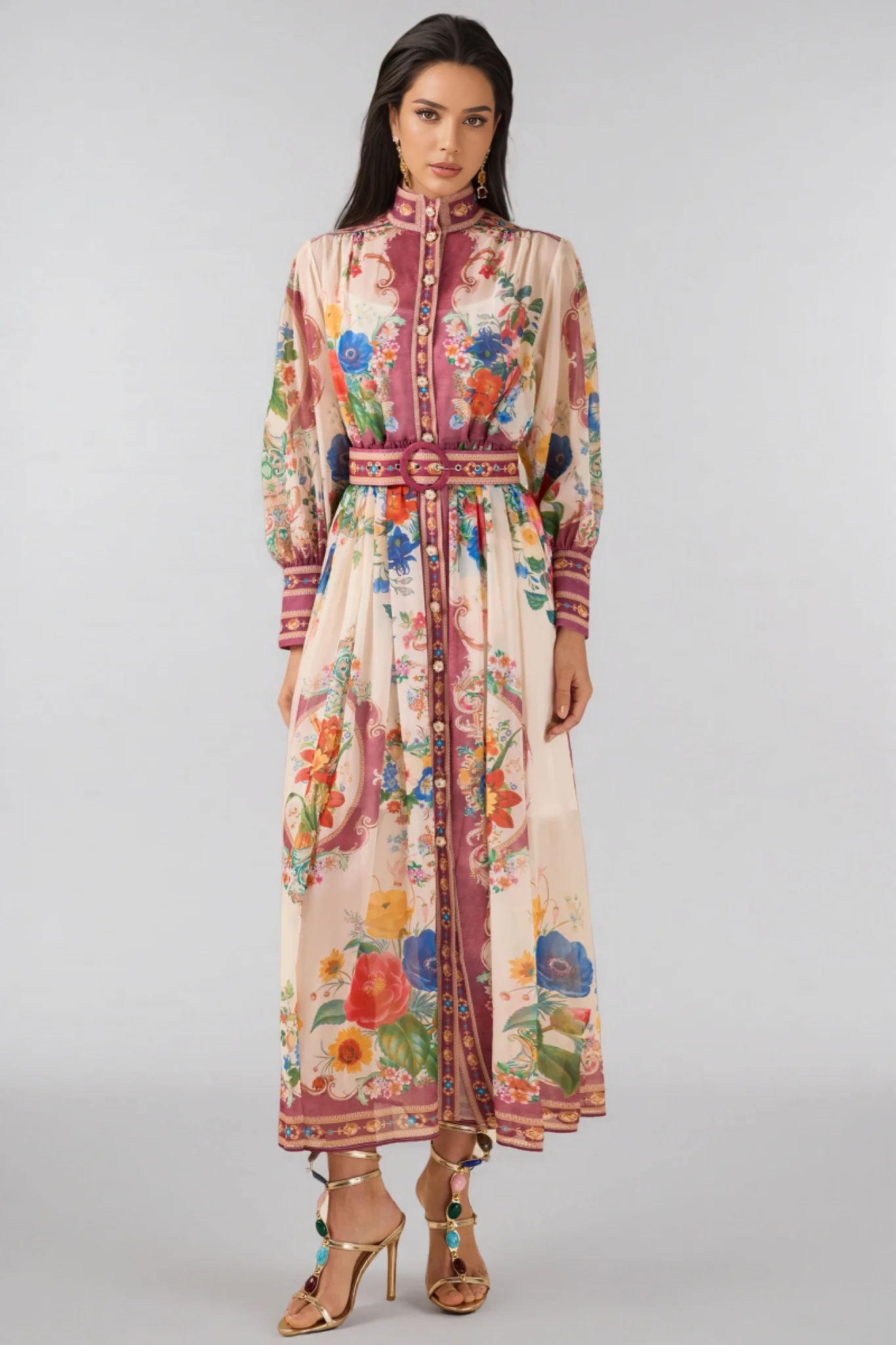 Nichob Stand Collar Lantern Sleeve Midi Dress