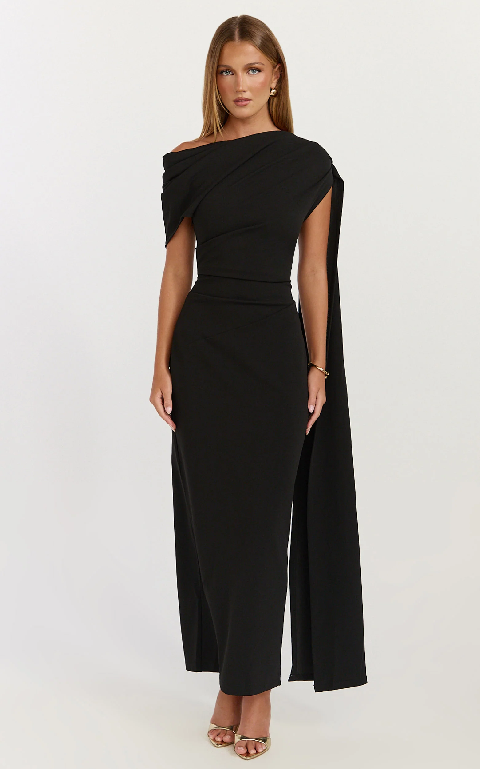 Visenta Midi Dress - Asymmetrical Sleeve Dress in Black