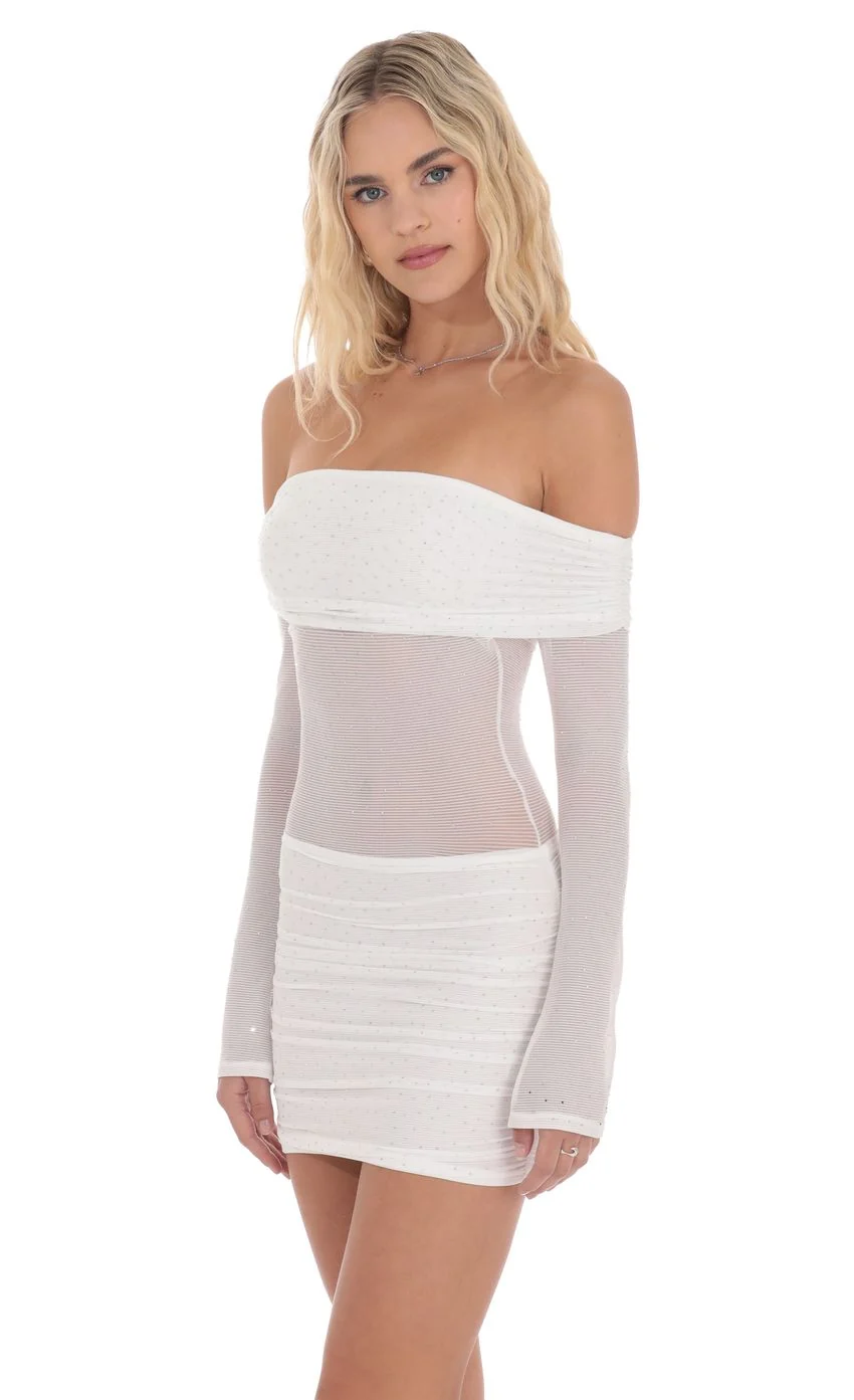 Rhinestone Mesh Off Shoulder Dress in White