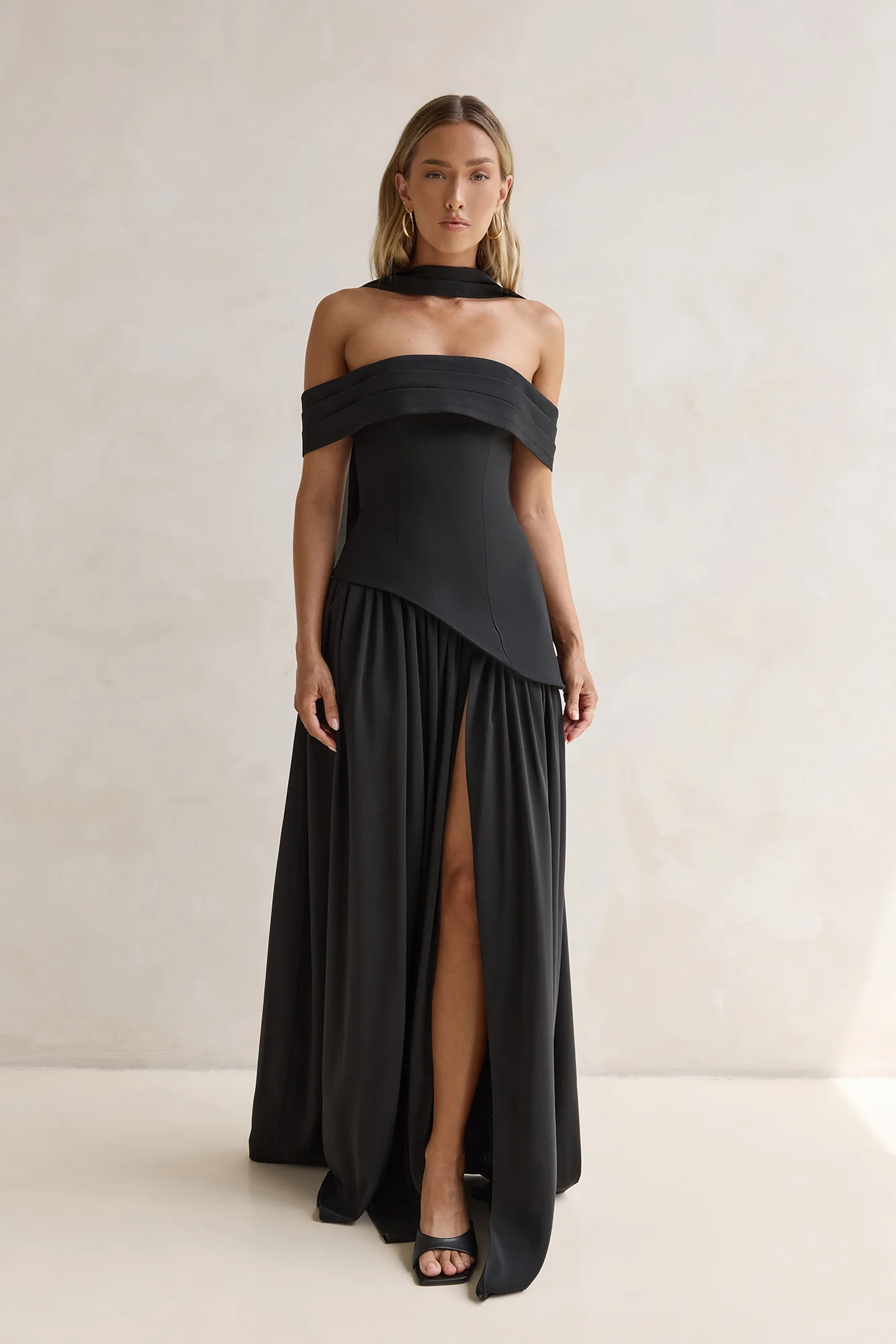 Midnight Elegance Off Shoulder Maxi Dress Black