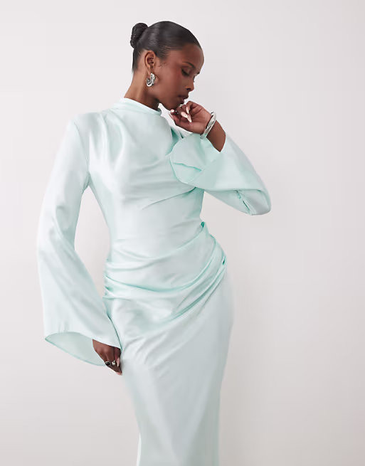 Daska satin ruched high cowl neck maxi dress in ice blue