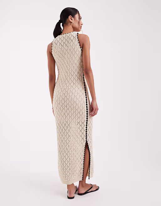 AWARE sleeveless corchet maxi dress in cream with black contrast trim