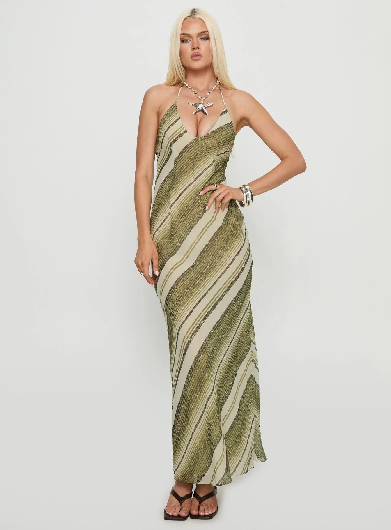 Esmira Halter Maxi Dress Green Stripe