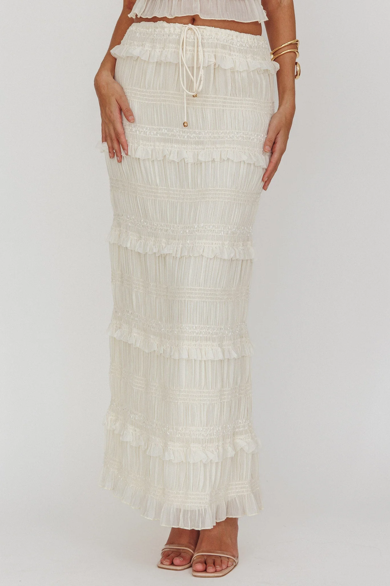 Helios Shirred Sequin Maxi Skirt Beige