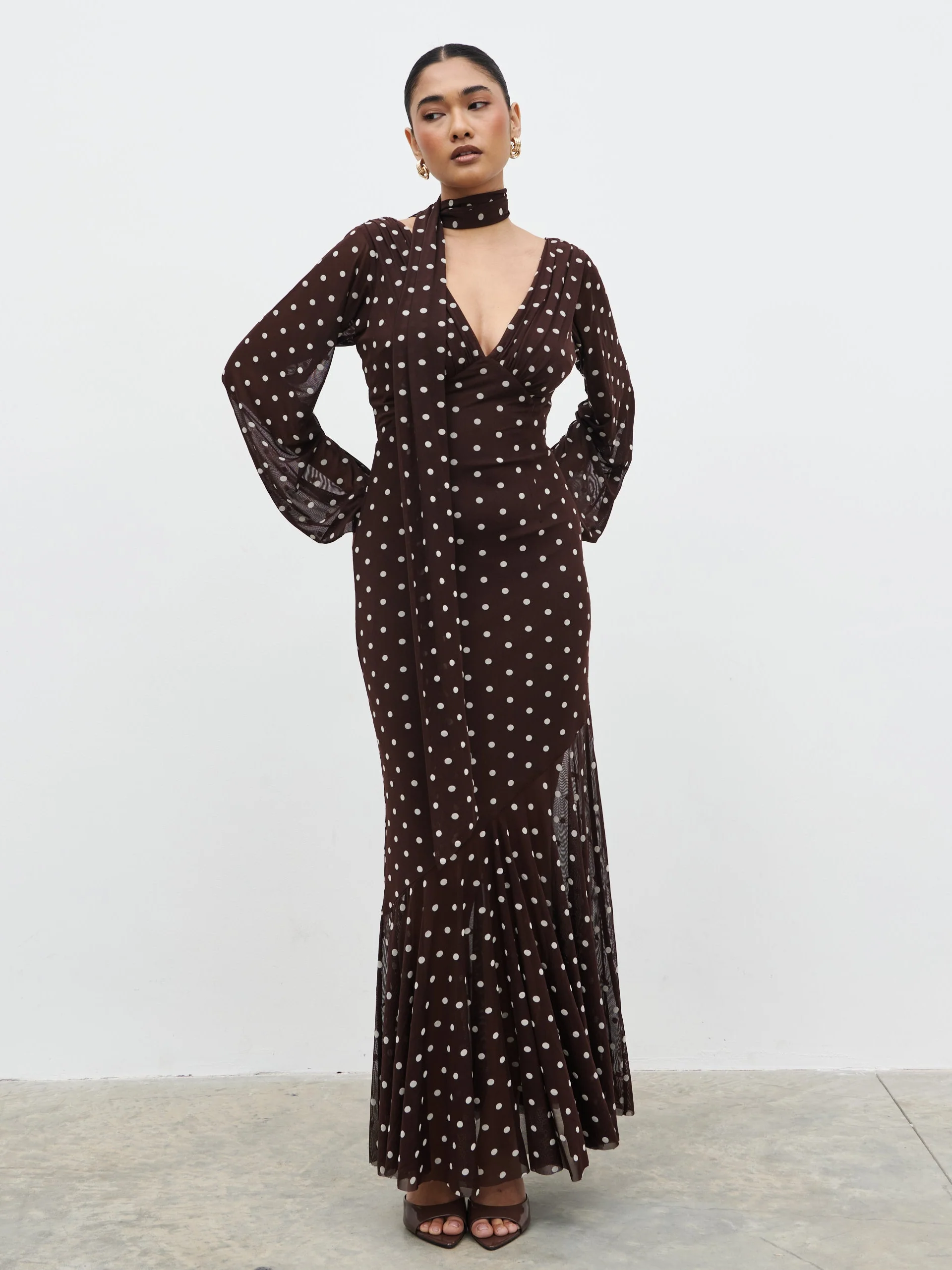 Petula Scarf Mesh Maxi Dress - Brown and Cream Polkadot