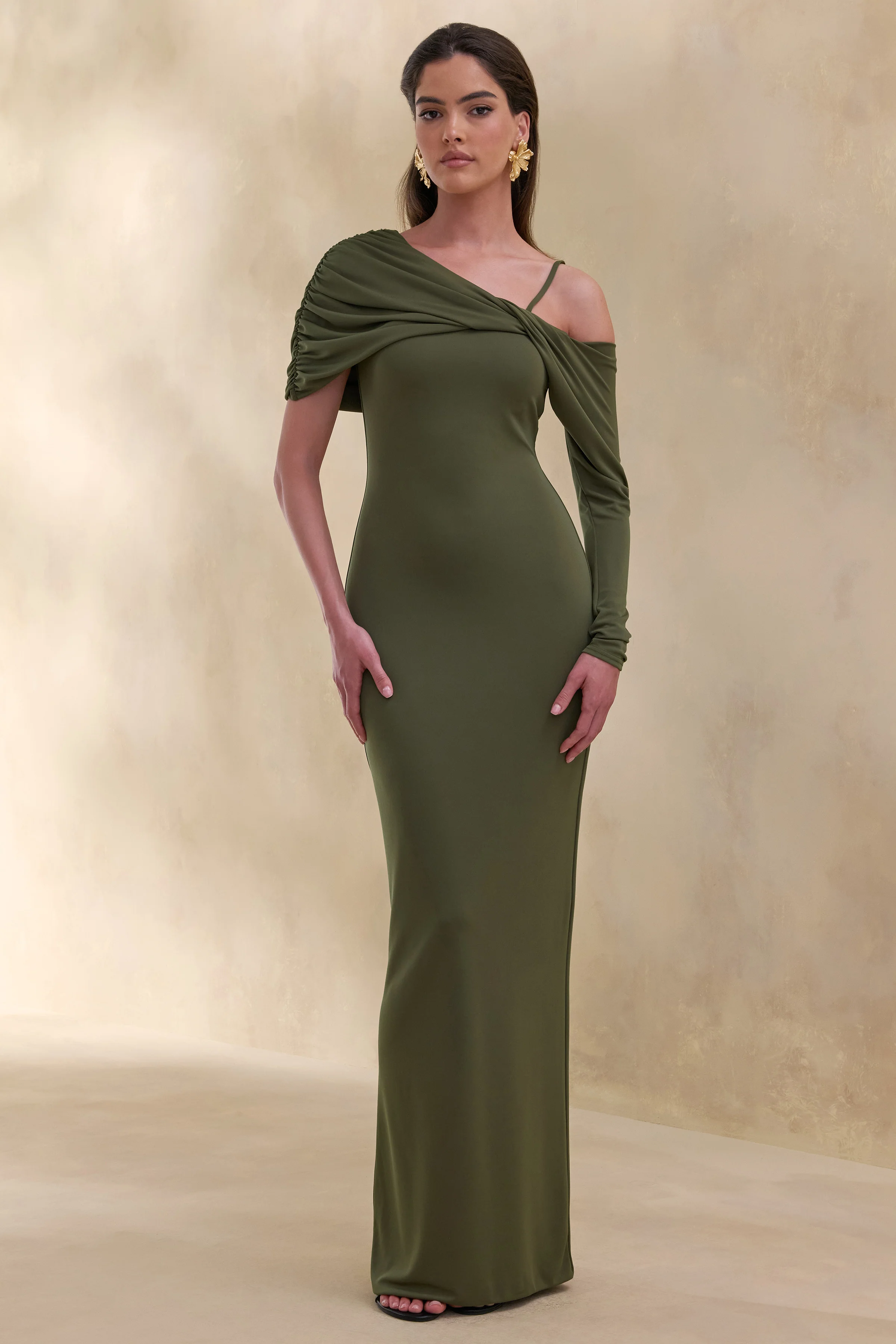 Silvaria | Olive Twisted Asymmetric-Neck Maxi Dress