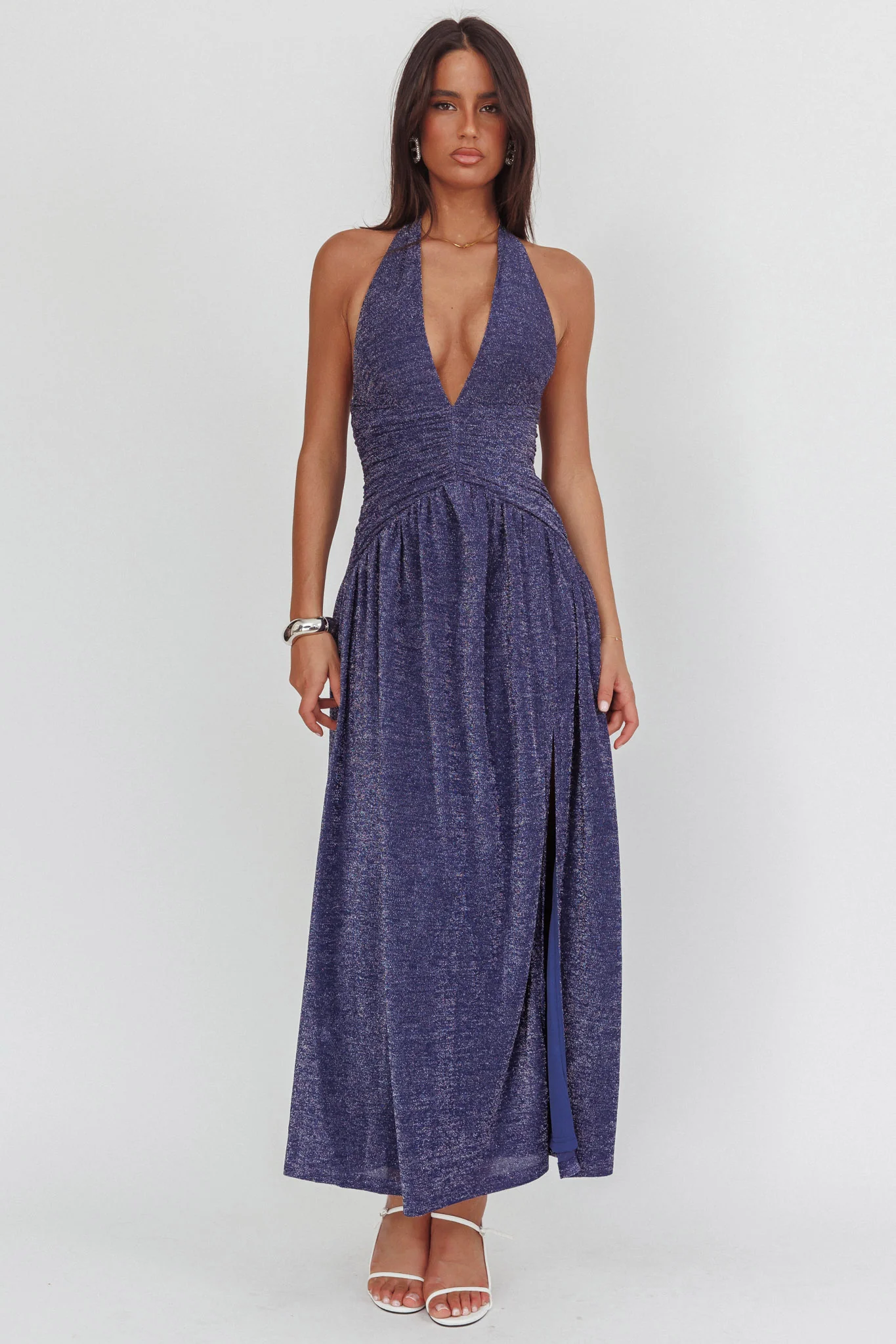 Italia Azure Gathered Waist Maxi Dress Shimmer Navy
