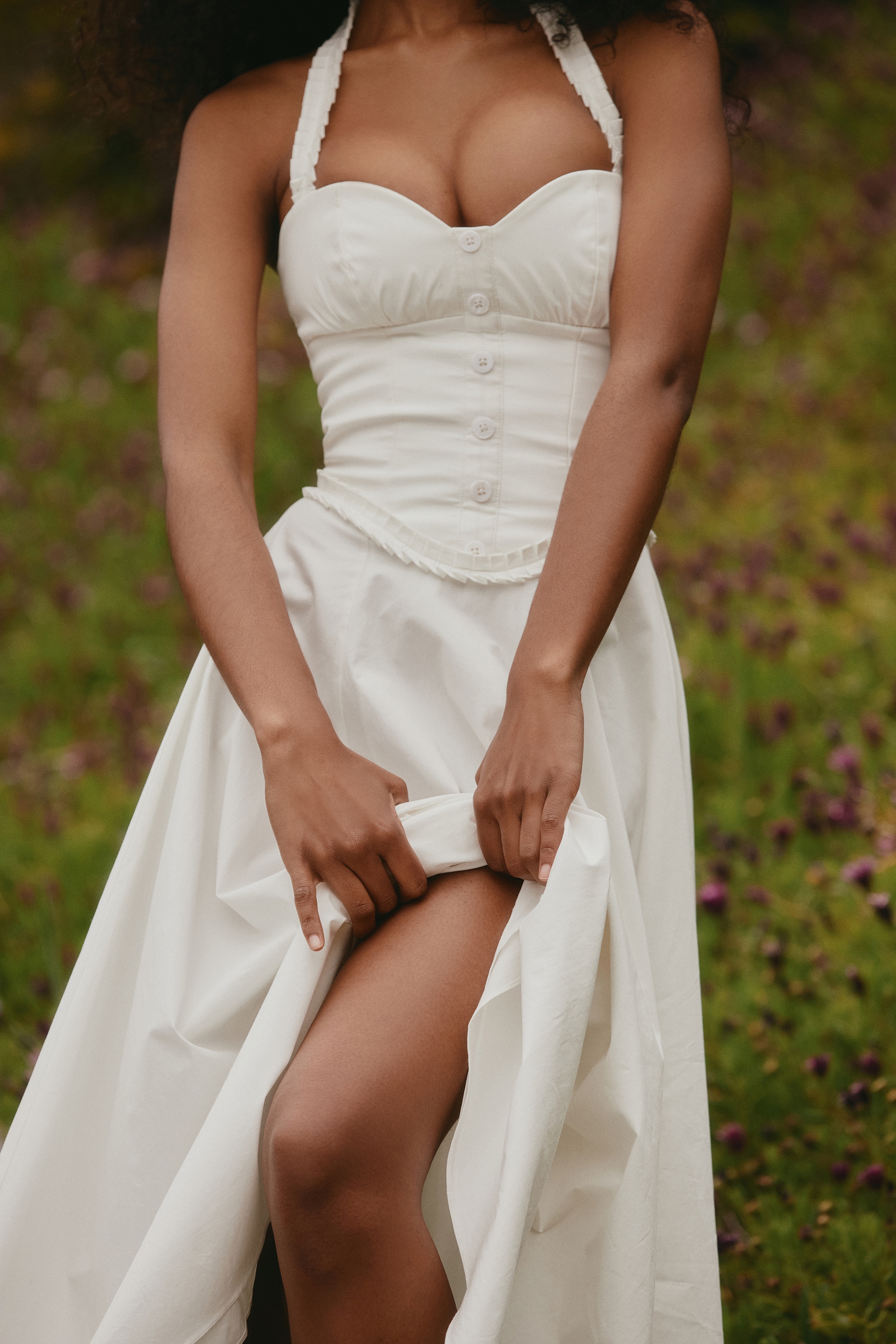 White Stretch Cotton Halter Neck Midi Dress
