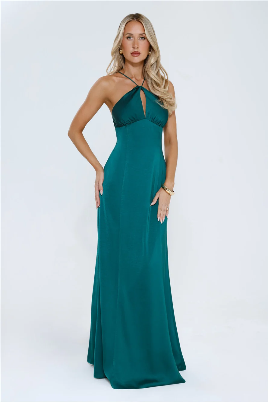 Gleam Dream Satin Maxi Dress Emerald
