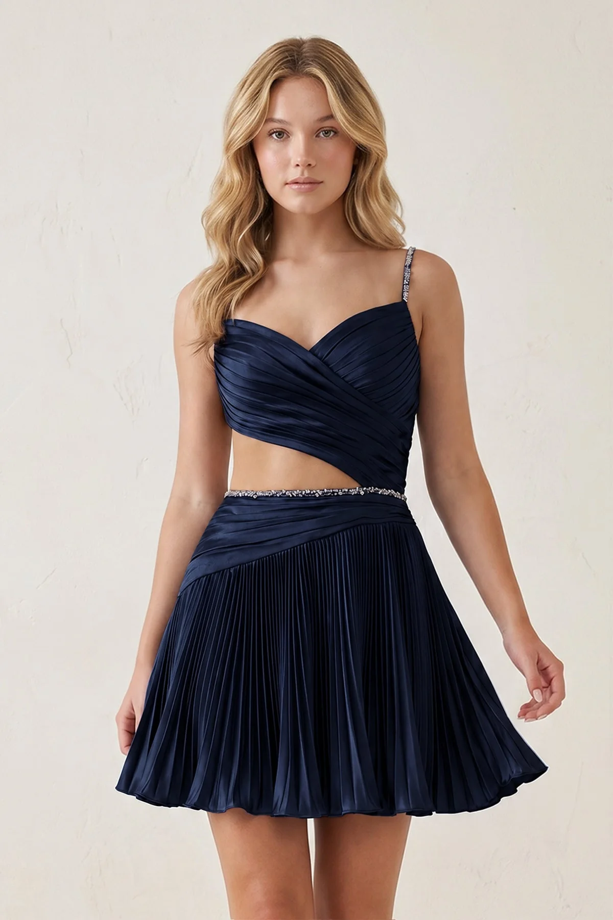 Royal Blue Spaghetti Straps Cut-Out Pleated A-Line Satin Homecoming Dress with Beading
