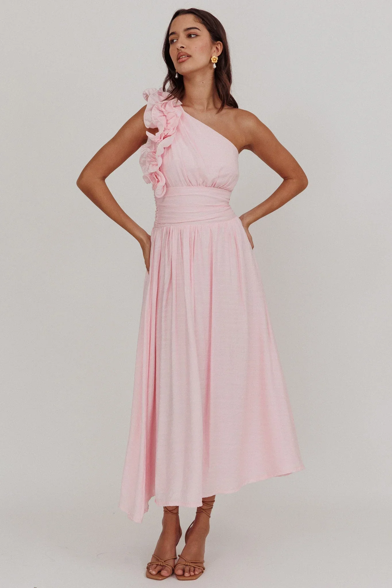 Antheia One-Shoulder Maxi Dress Baby Pink - luluinthesky